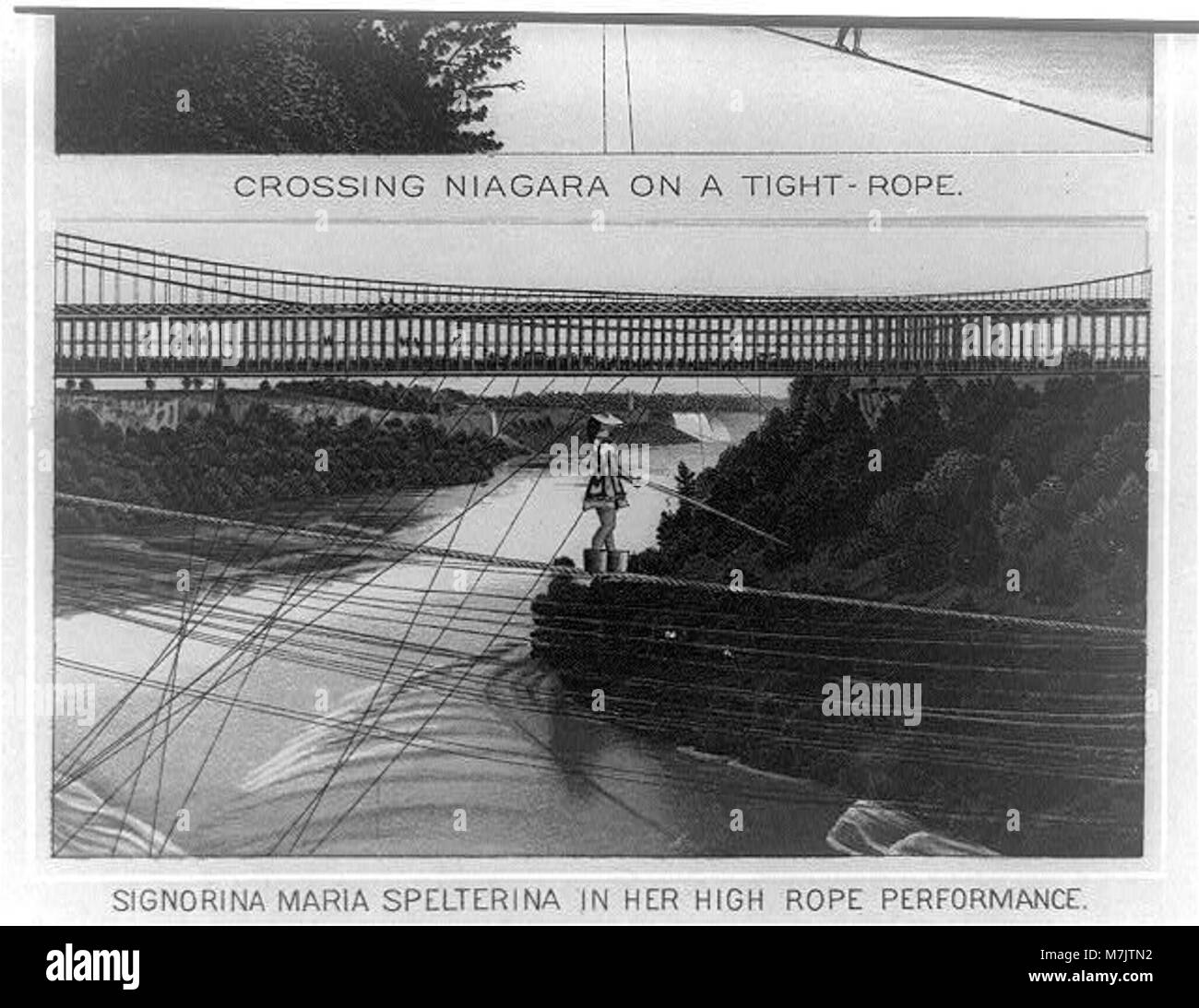 La Signorina Maria Spelterina esegue un'alta corda sulle Cascate del Niagara, dimostrando abilità e coraggio in questo luogo iconico. La sua performance divenne famosa per la sua natura audace e storica. Foto Stock