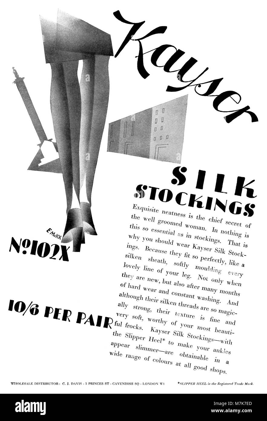 1928 British pubblicità per Kayser calze di seta, illustrato da Edward McKnight Kauffer. Foto Stock