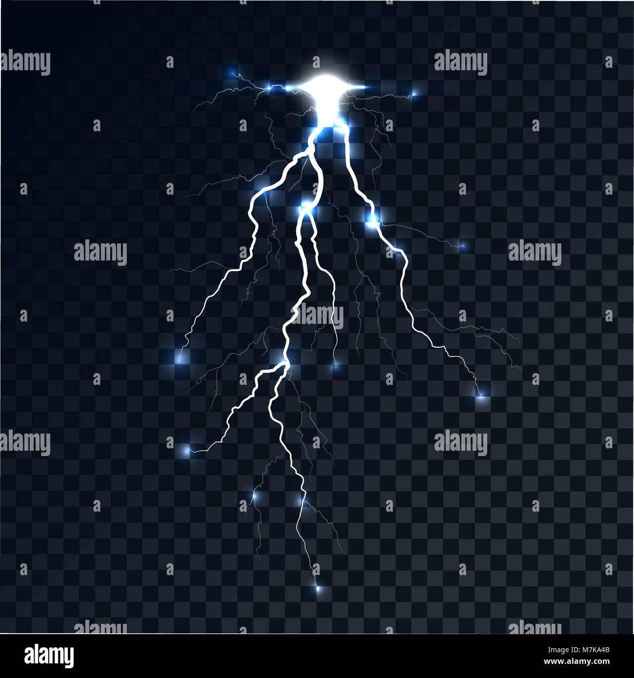 Flash di un fulmine su uno sfondo trasparente. La categoria di energia il luminoso e brillante arch. Realistico effetto di illuminazione. Vector backgrou astratto Illustrazione Vettoriale