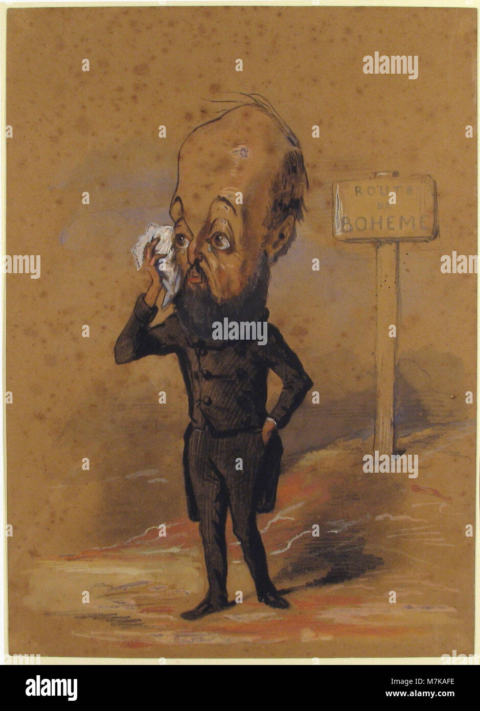 Una caricatura di Henri Mérger, poeta e romanziere francese, noto per la rappresentazione della vita bohémien. L'illustrazione riflette umoristicamente la personalità pubblica di Mérger e la cultura letteraria del XIX secolo. Foto Stock