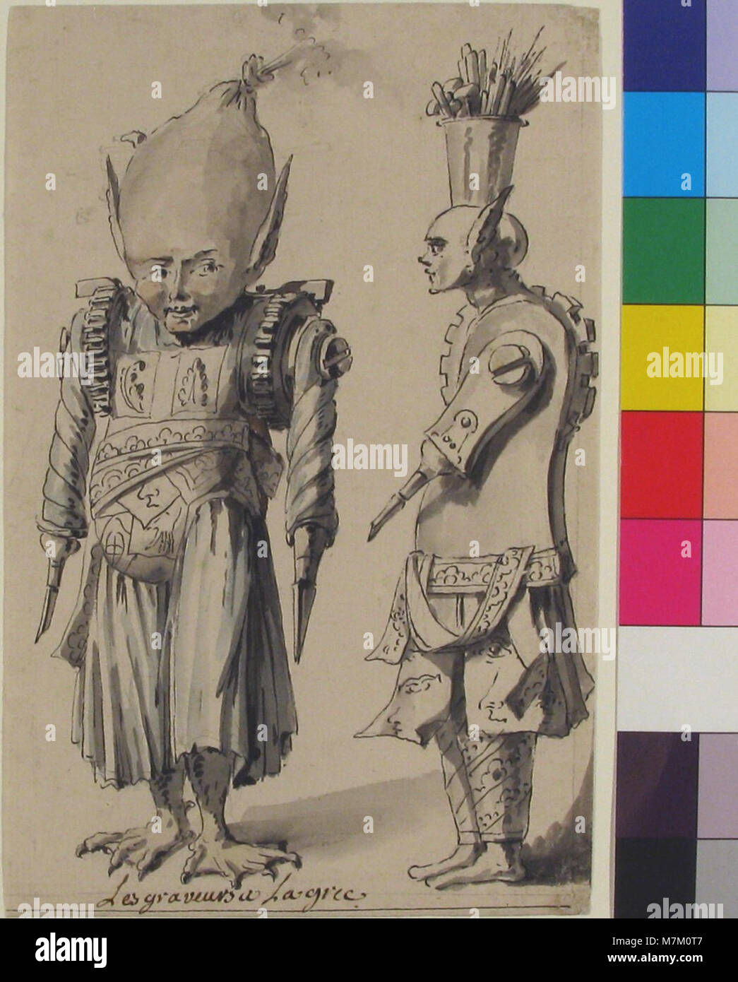 Una caricatura satirica intitolata Engravers à la Grecque, tenuta dal Metropolitan Museum of Art, raffigurante umoristicamente artisti che imitano gli stili classici dell'incisione greca. Foto Stock