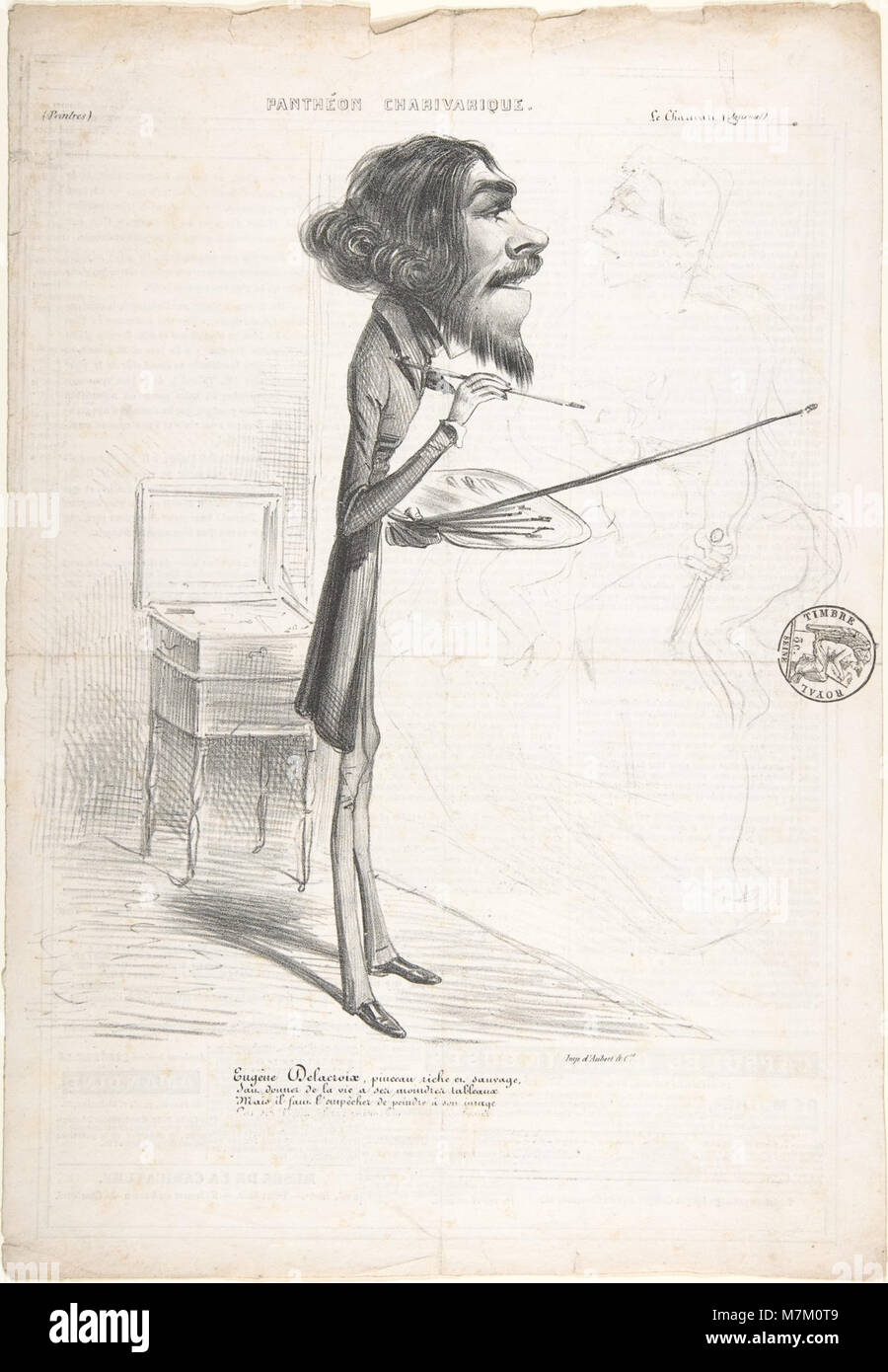 Una caricatura raffigurante il pittore romantico francese Eugène Delacroix mentre crea la sua opera Medea che sta per uccidere i suoi figli, satirizzando l'intensità drammatica e la profondità emotiva del suo stile artistico. Foto Stock