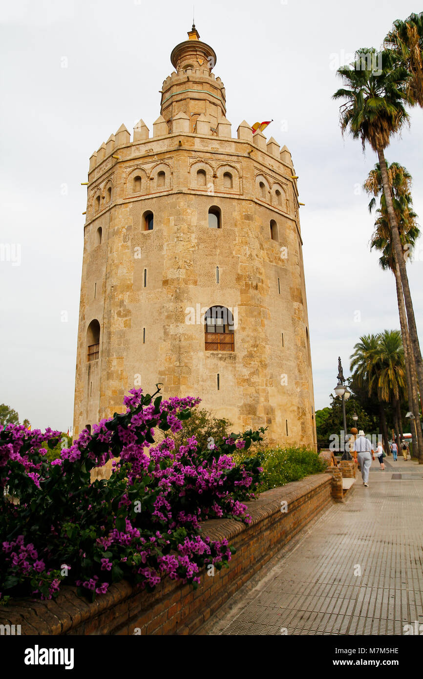 Torre del Oro accanto al fiume Guadalquivir in Sevilla, Spagna Foto Stock