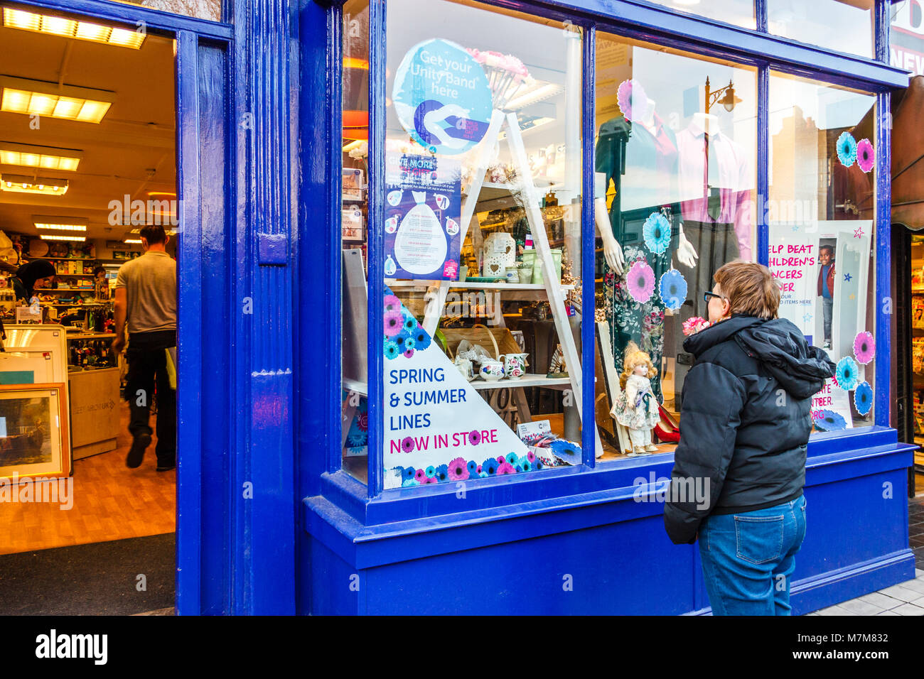 Una donna che guarda nella finestra di un cancro ricerca negozio di carità nel villaggio di Highgate, London, Regno Unito Foto Stock