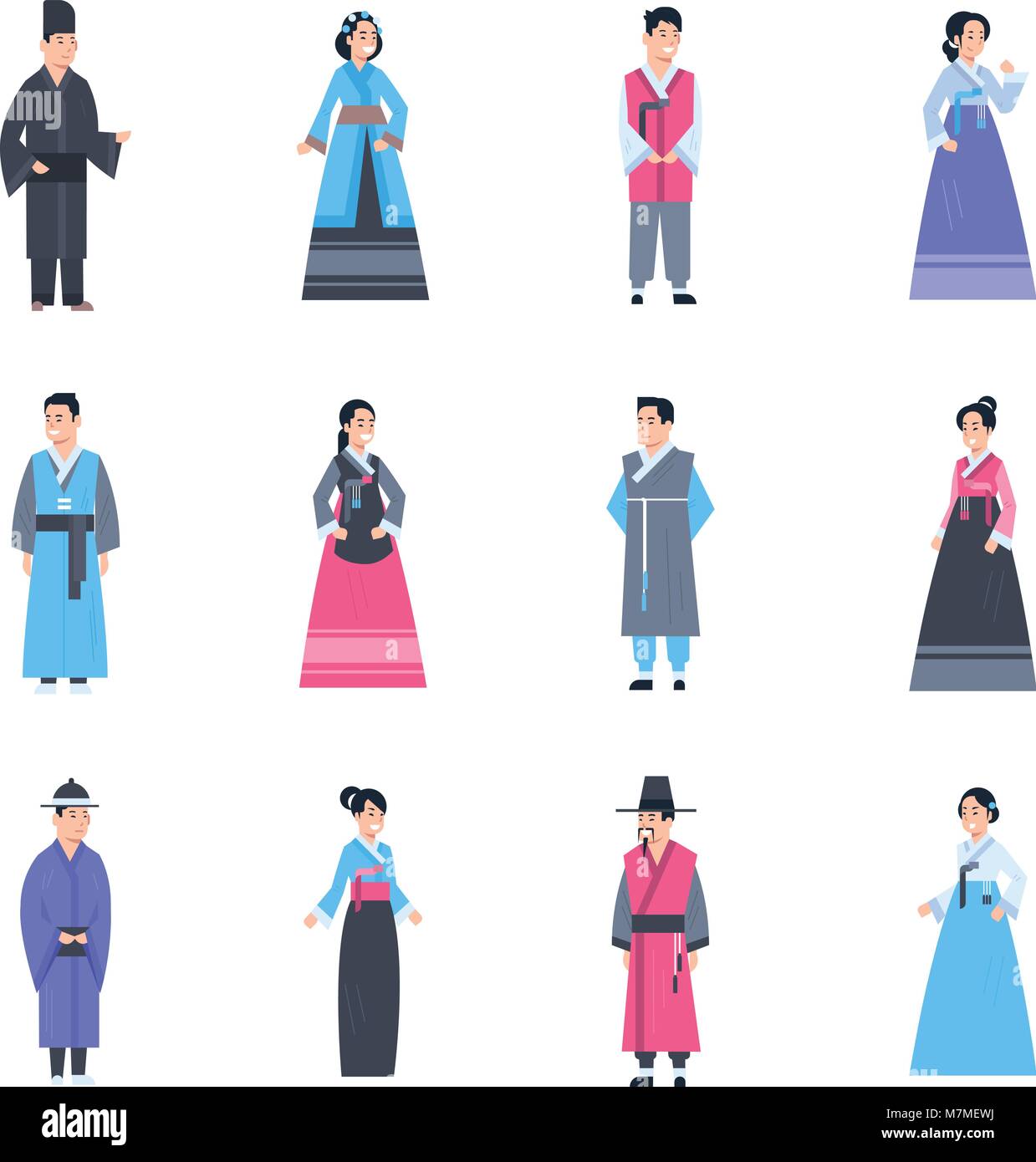 Corea abiti tradizionali serie di donne e uomini che indossano il costume antico isolato Asian Dress Collection Illustrazione Vettoriale