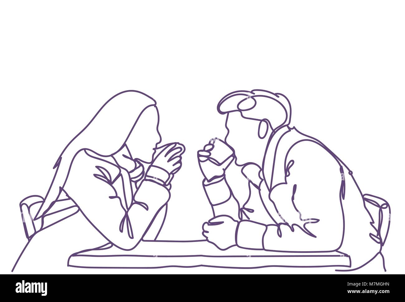 Silhouette giovane sedere al tavolo del bar a bere caffè o tè, Doodle l uomo e la donna Dating Sfondo bianco Illustrazione Vettoriale