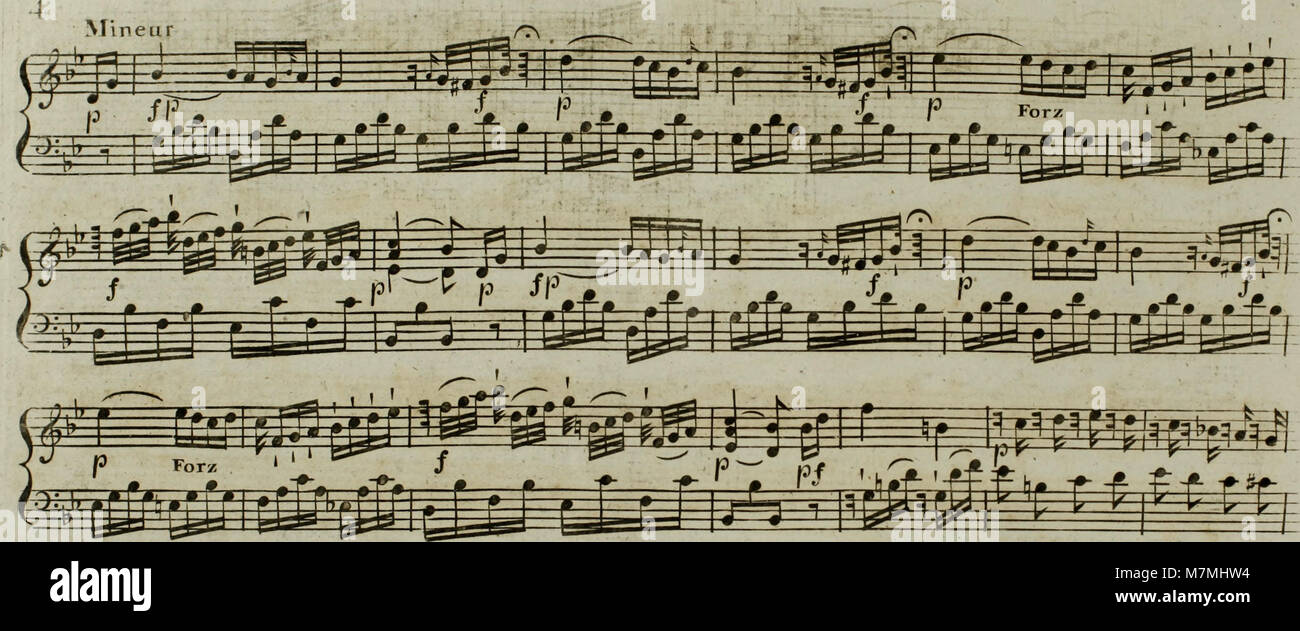 Un arrangiamento di spartiti del 1795 di Andante du célèbre di Joseph Haydn, composto per arpa con accompagnamento facoltativo di violino, che riflette l'eleganza e la precisione formale del periodo classico. Foto Stock