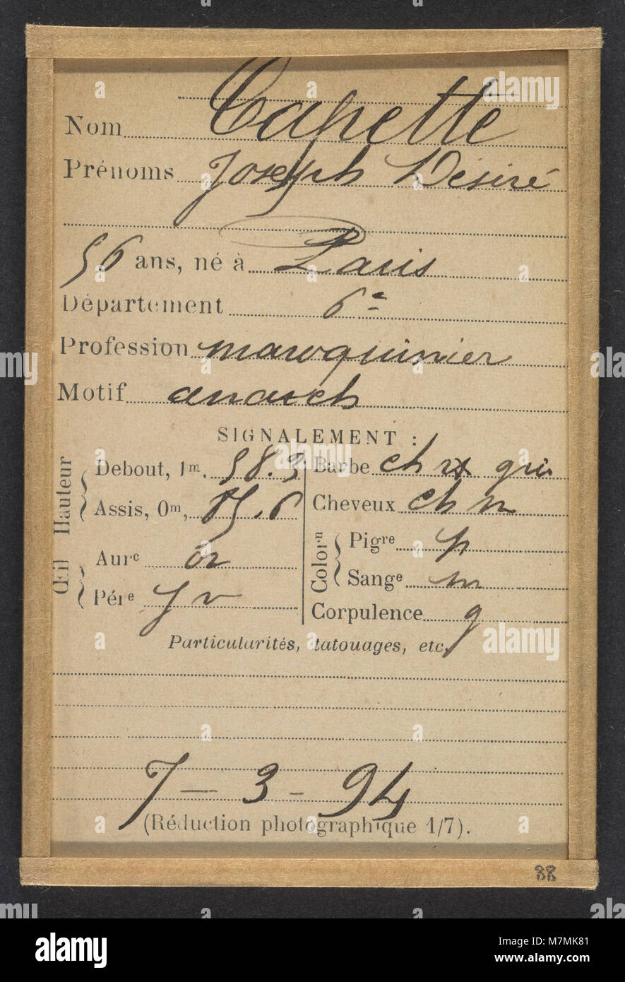 Testimonianza di Joseph Désiré Capette, un lavoratore di pelletteria di 56 anni nato a Parigi vi, identificato come anarchico e registrato dalle autorità di polizia francesi nel 1894. Foto Stock