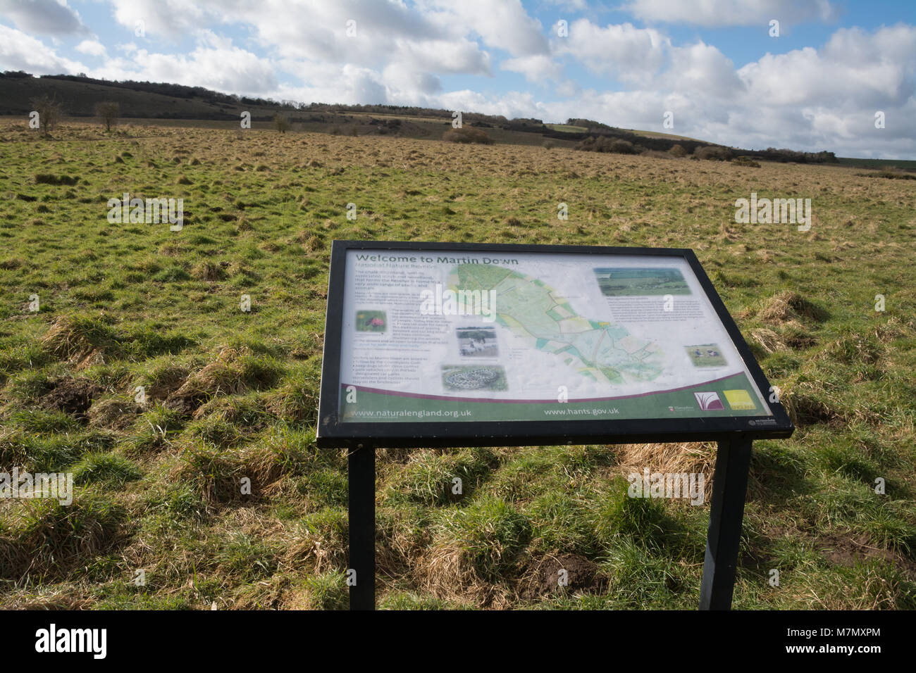 Martin basso Riserva Naturale Nazionale paesaggio, Hampshire, Regno Unito, con information board Foto Stock