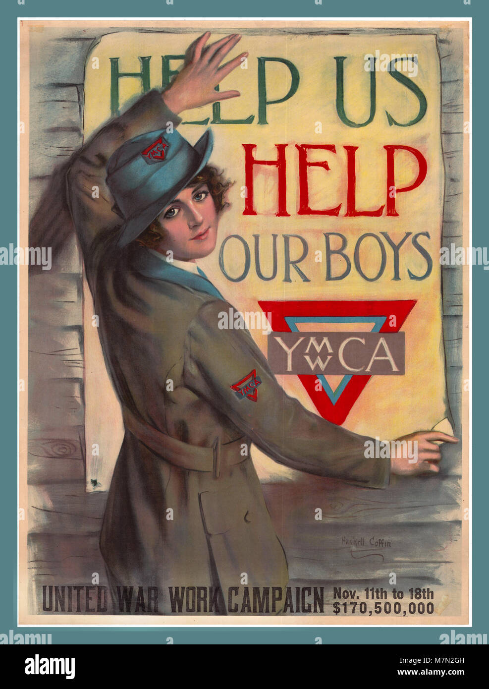 Vintage WW1 propaganda poster appello "Aiutaci ad aiutare i nostri ragazzi per artista Haskell bara per il 'Uniti campagna di lavoro' YMCA Foto Stock