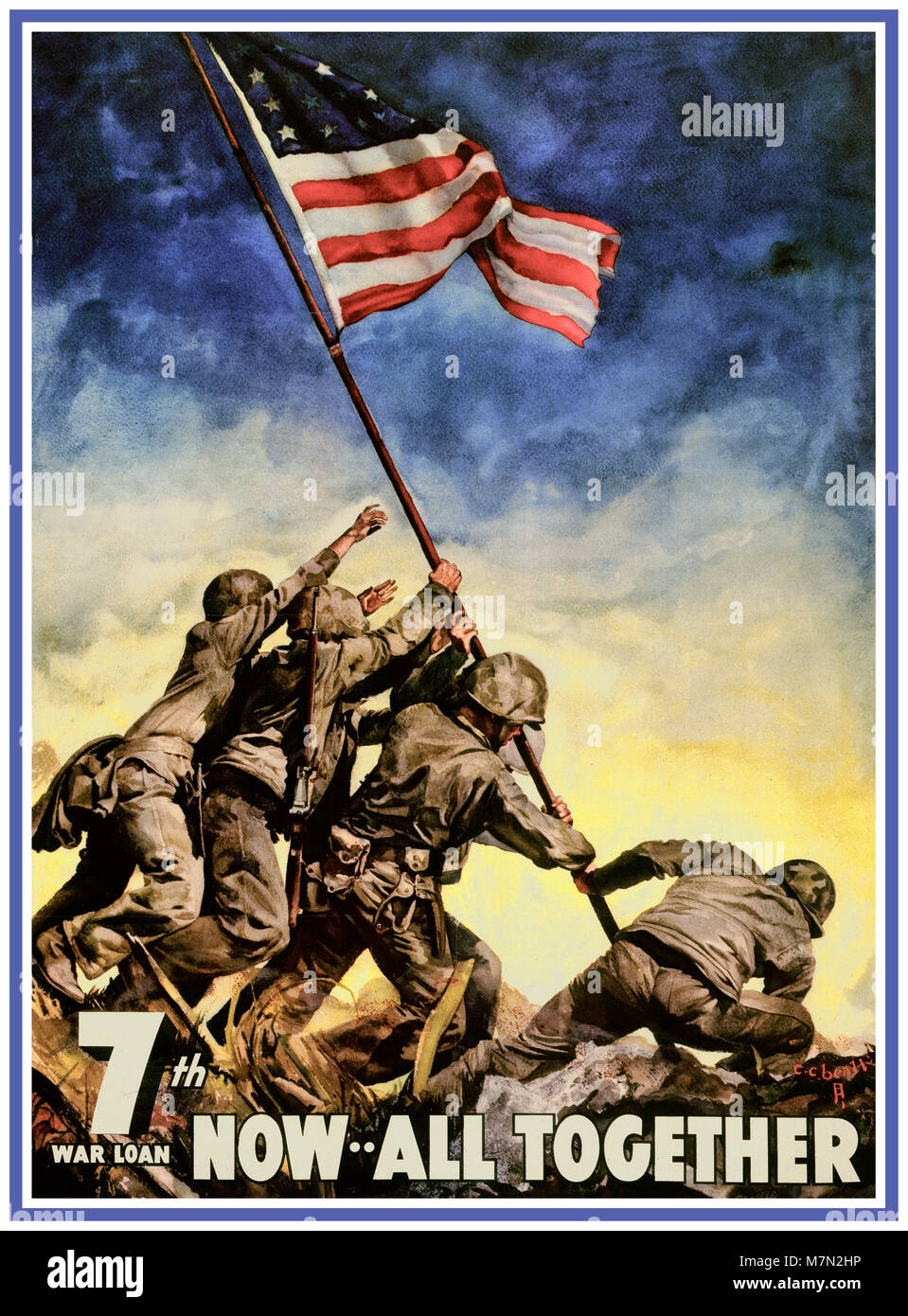 Vintage WW2 USA War Bond Poster iconico ‘Iwo Jima American Flag Raising’ - 'Now All Together - 7th War Loan' il titolo della settima guerra fu dipinto dal celebre artista americano C.C. Beall. Questo titolo di settima guerra ha raccolto più di 156 miliardi di dollari per aiutare a porre fine alla seconda guerra mondiale Foto Stock