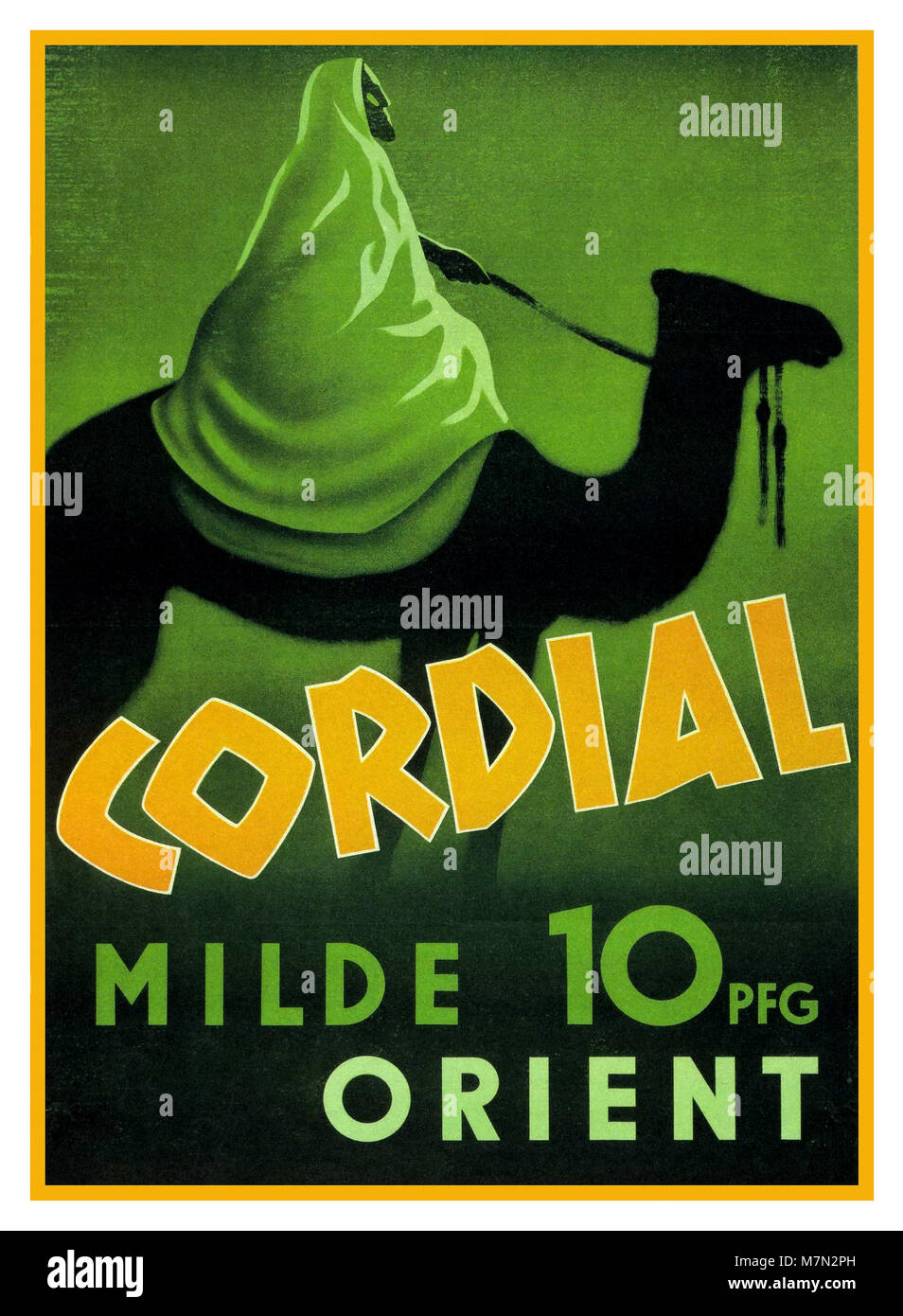 Anni Cinquanta Vintage tedesco poster di viaggio "cordiale MILDE ORIENT 10pfg' Poster Germania beduino su un cammello Orient Foto Stock
