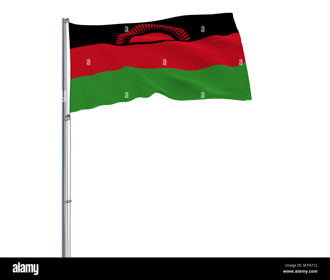Isolare la bandiera del Malawi su un pennone che fluttua nel vento su uno sfondo bianco, rendering 3D Foto Stock