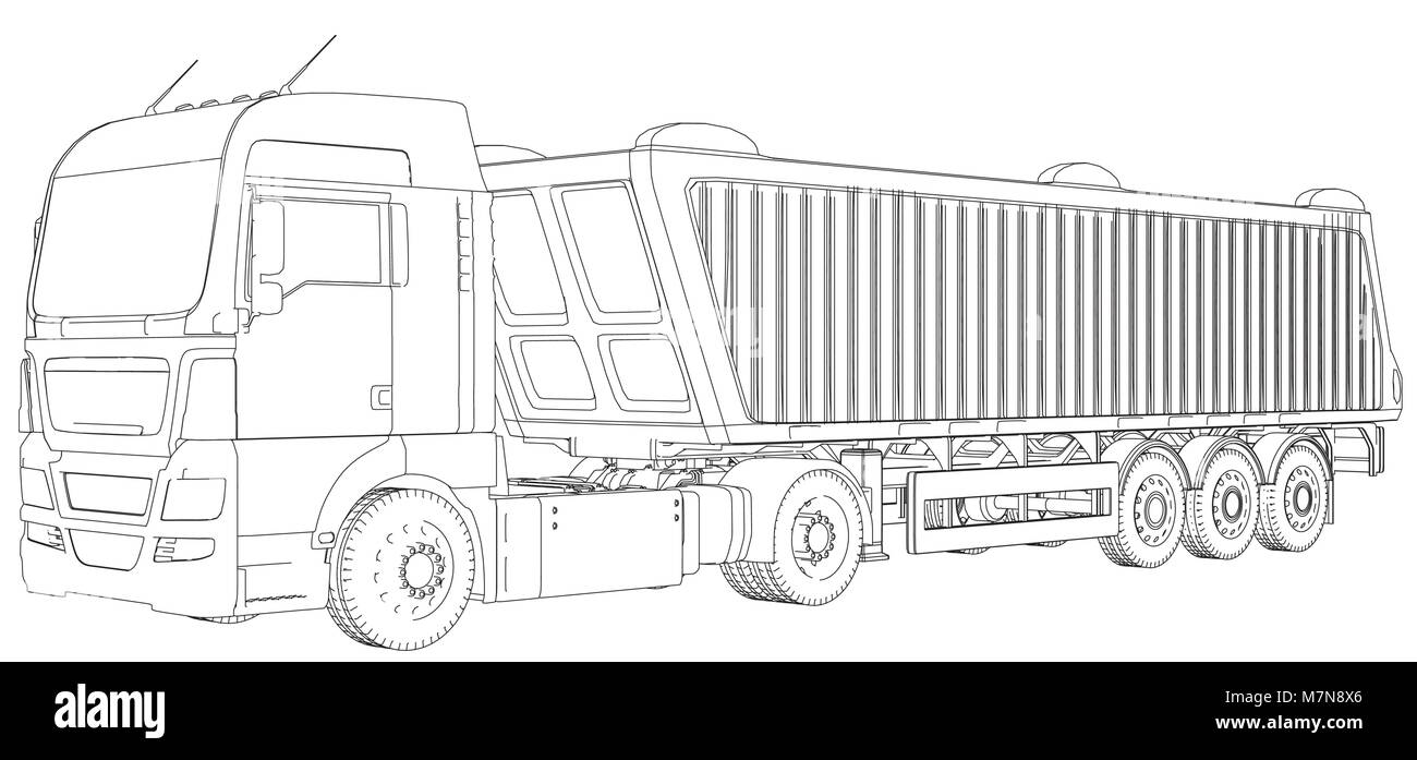 Vista dall'alto. Autocarro ribaltabile su sfondo trasparente, la logistica del trasporto merci e del trasporto di merci industriali commerciali aziendali concetto wire-telaio. Creato illustrazione di 3d. Illustrazione Vettoriale