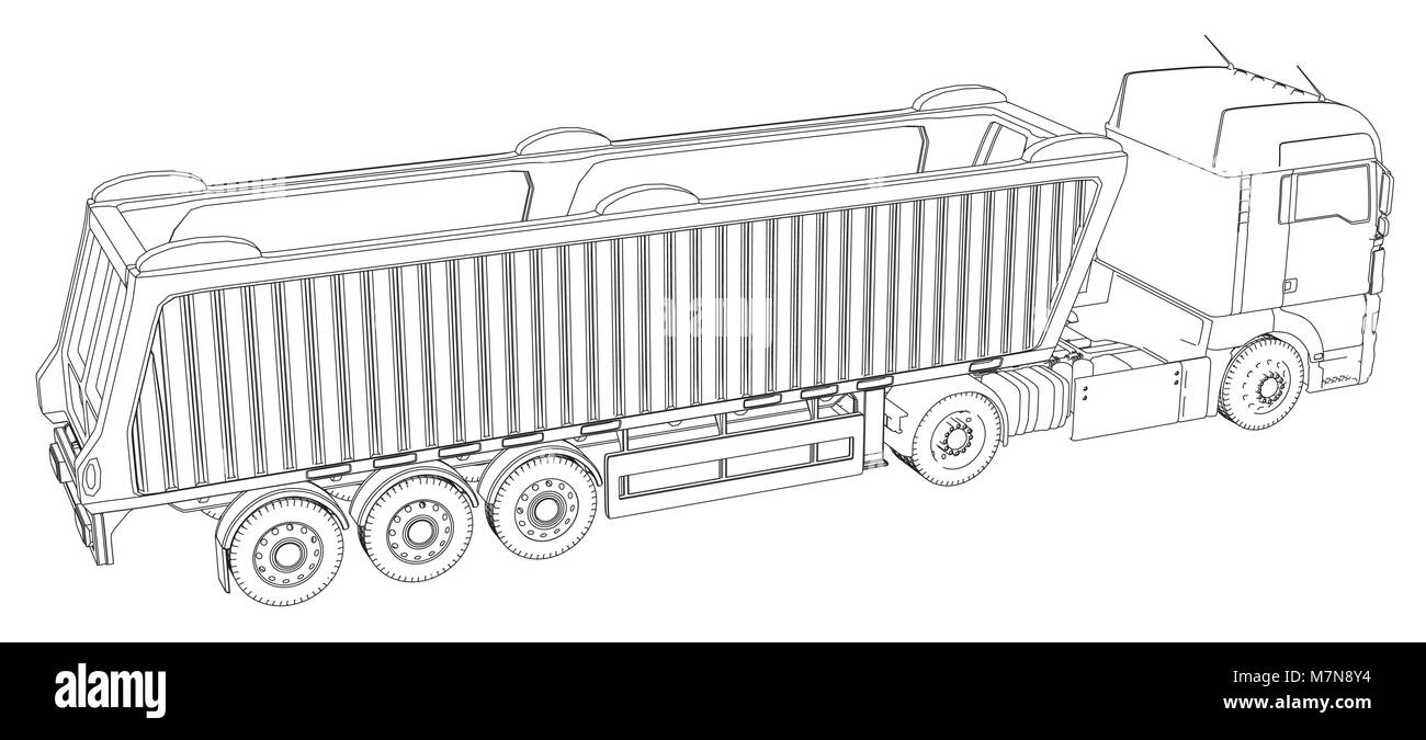 Isometrica del vettore in rappresentanza di autocarro o trattore con cassone ribaltabile semirimorchio. Creato illustrazione di 3d. Filo-telaio. Illustrazione Vettoriale