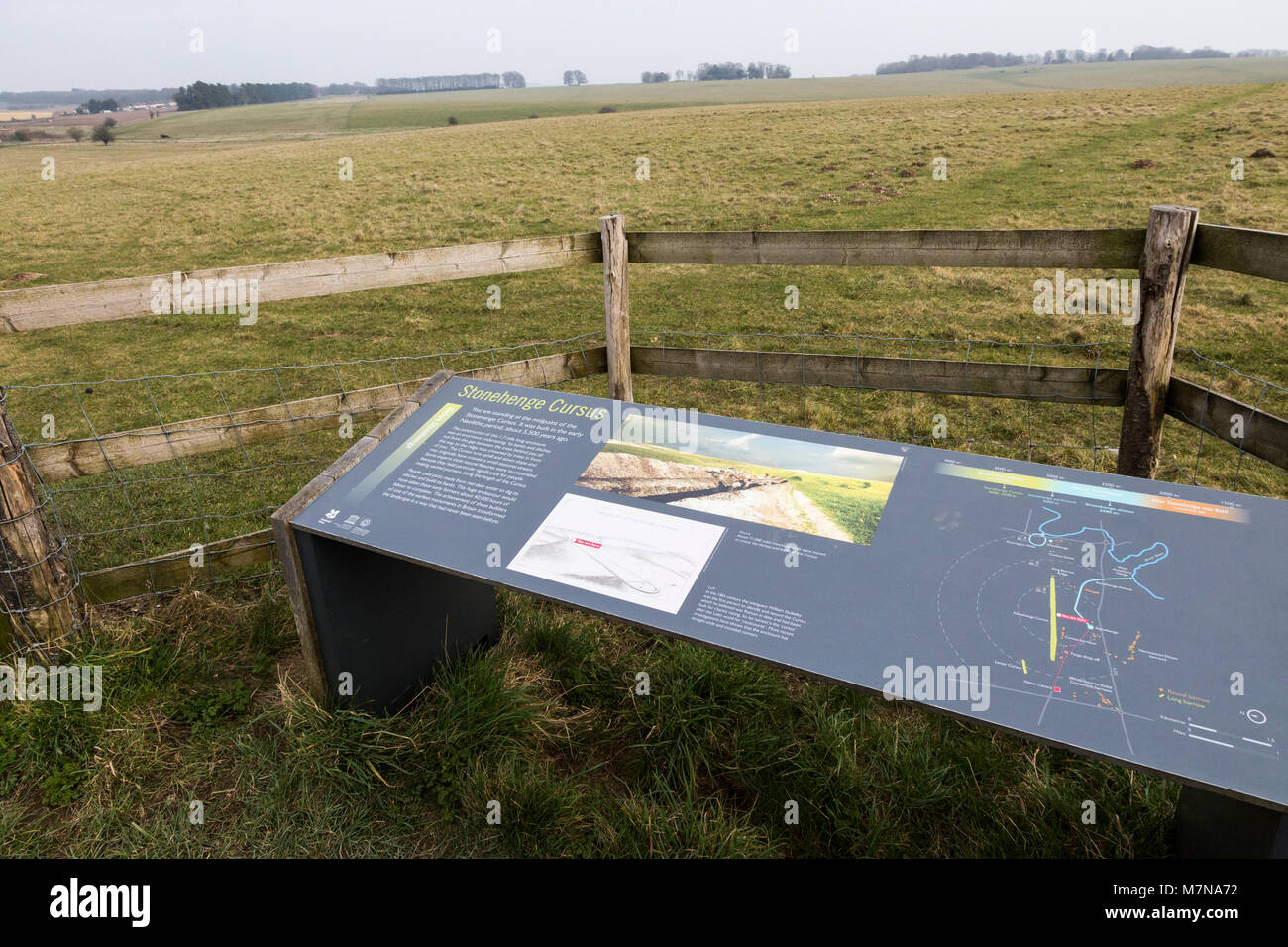 Il pannello delle informazioni circa le 5.500 anni Stonehenge Cursus, Wiltshire, Inghilterra, Regno Unito cursus in estrema angolo superiore sinistro Foto Stock
