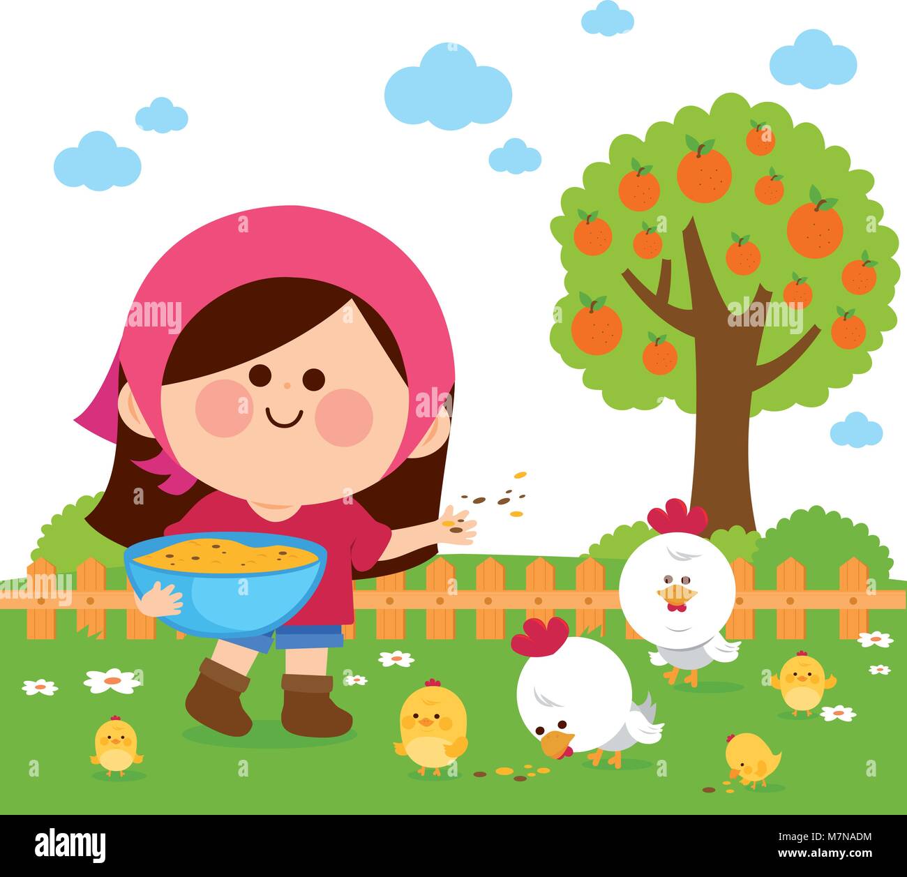 Piccolo agricoltore ragazza al podere alimentando i polli. Illustrazione Vettoriale Illustrazione Vettoriale