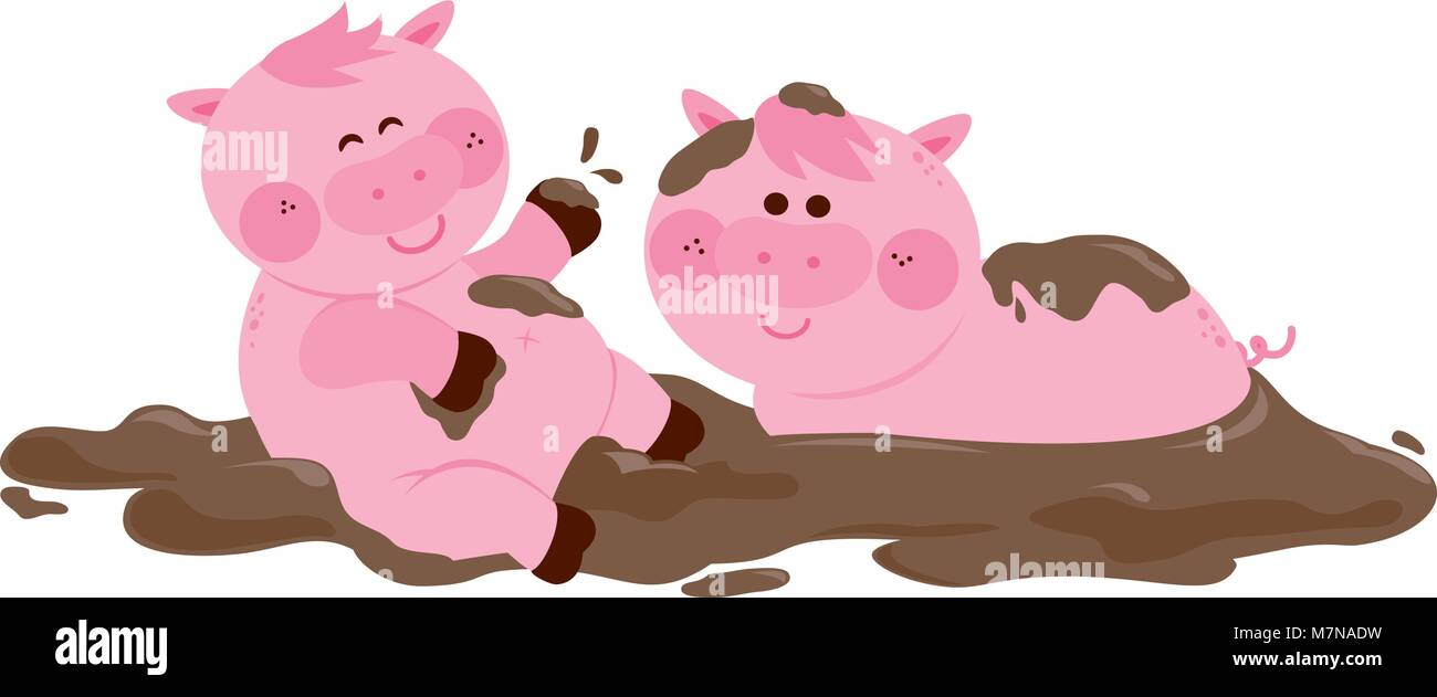 Maiali in una puzza di fango alla fattoria. Simpatici animali da allevamento di maiali e suinetti nella fattoria che giocano nello sporco. Illustrazione vettoriale Illustrazione Vettoriale