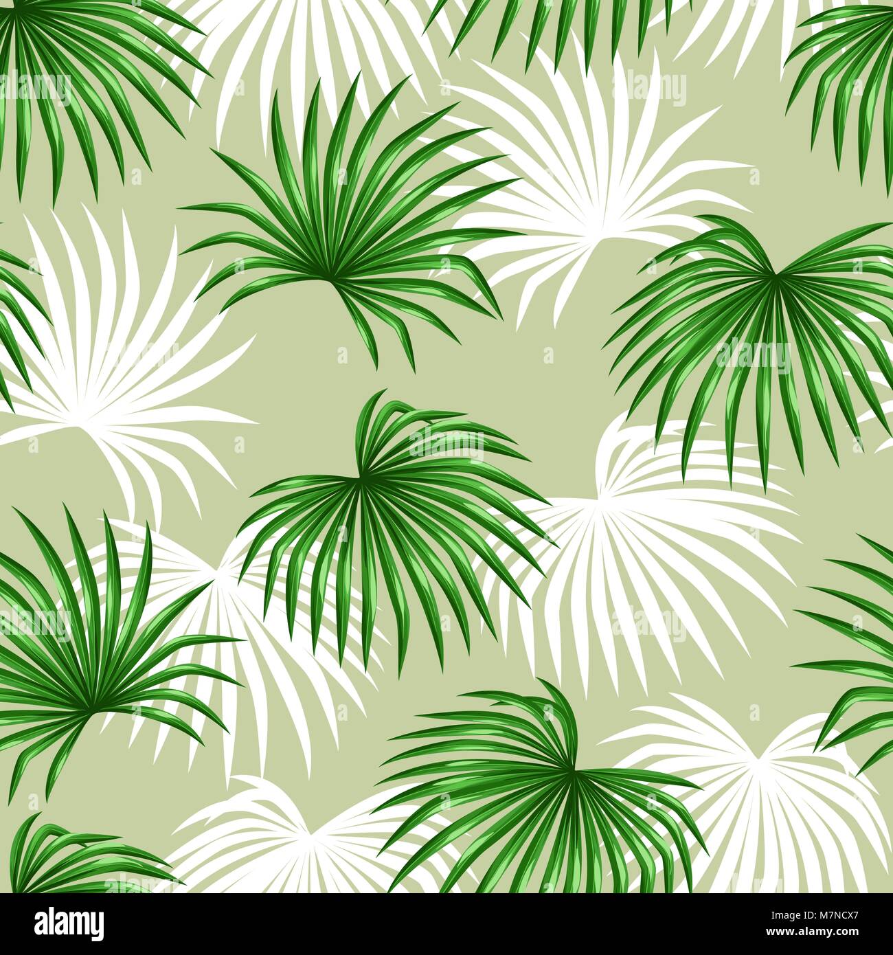 Modello senza cuciture con foglie di palme. Immagine decorativa foglia tropicale di palme Livistona rotundifolia. Sfondo costituito senza maschera di ritaglio. Facile da usare per il fondale, tessile, la carta di avvolgimento Illustrazione Vettoriale