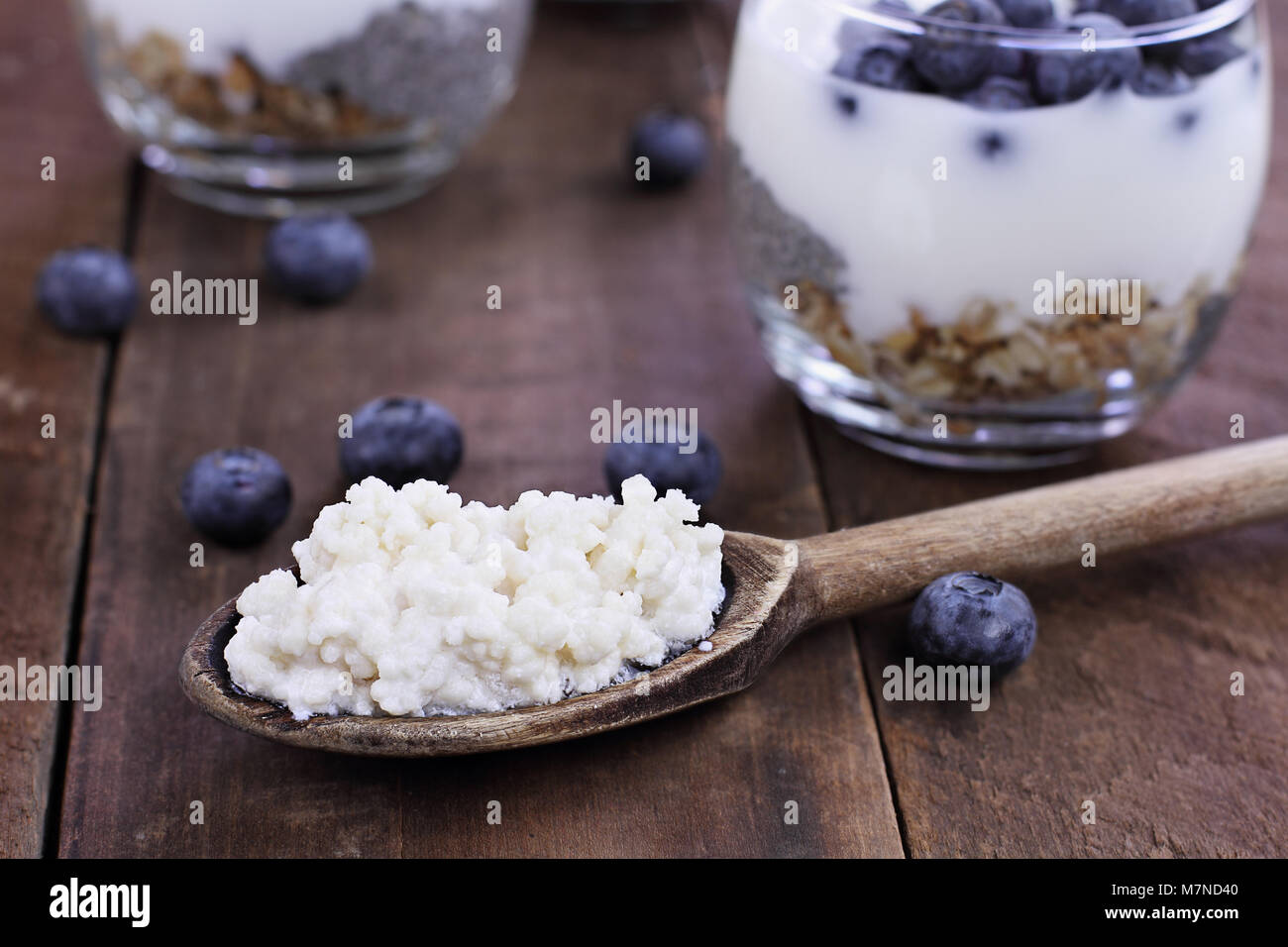 Il Kefir grani in cucchiaio di legno nella parte anteriore di tazze di Kefir Yogurt Parfaits. Il Kefir è uno dei top salute alimenti disponibili fornendo potenti probiotici. Foto Stock