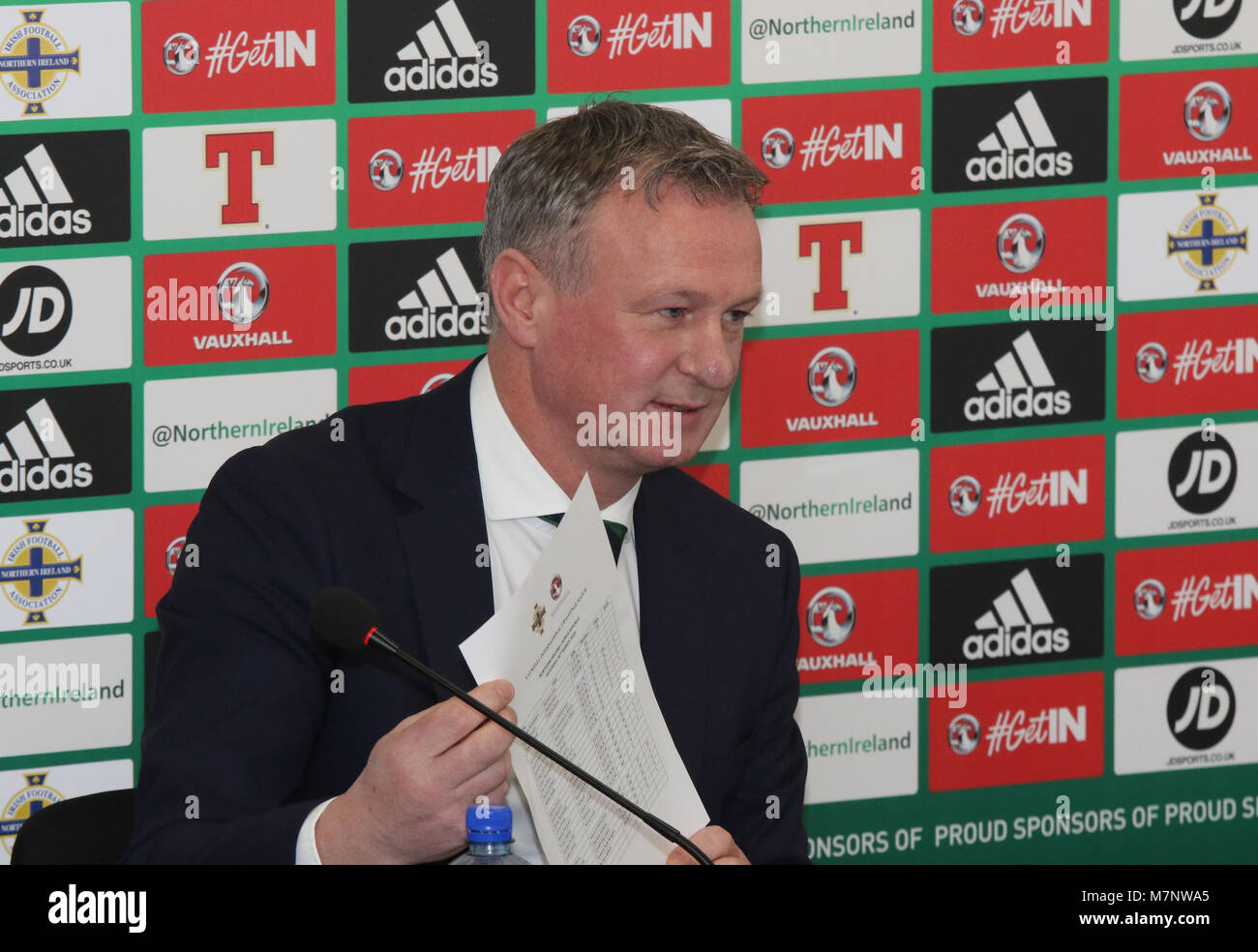 Windsor Park, Belfast, Irlanda del Nord, Regno Unito. Il 12 marzo 2018. Irlanda del Nord manager Michael O'Neill ha annunciato la sua squadra oggi per la prossima amichevole internazionale contro la Corea del Sud a Belfast il sabato 24 marzo 2018. Credito: David Hunter/ Alamy Live News. Foto Stock