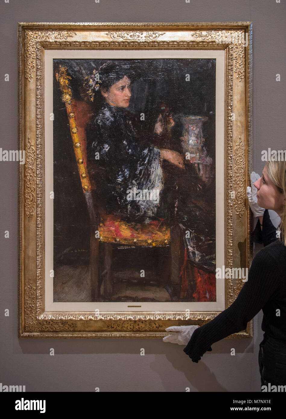 Bonhams, New Bond Street, Londra, Regno Unito. Il 12 marzo 2018. Xix secolo Europeo, Vittoriano e British arte impressionista vendita anteprima. Antonio Mancini. Il manto orientali. £30,000-50,000. Credito: Malcolm Park/Alamy Live News. Foto Stock