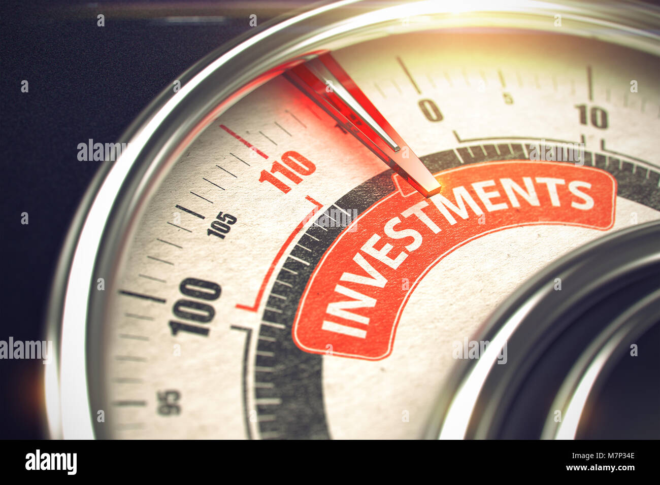 Investimenti - Testo su scala concettuale con ago rosso. 3D. Foto Stock