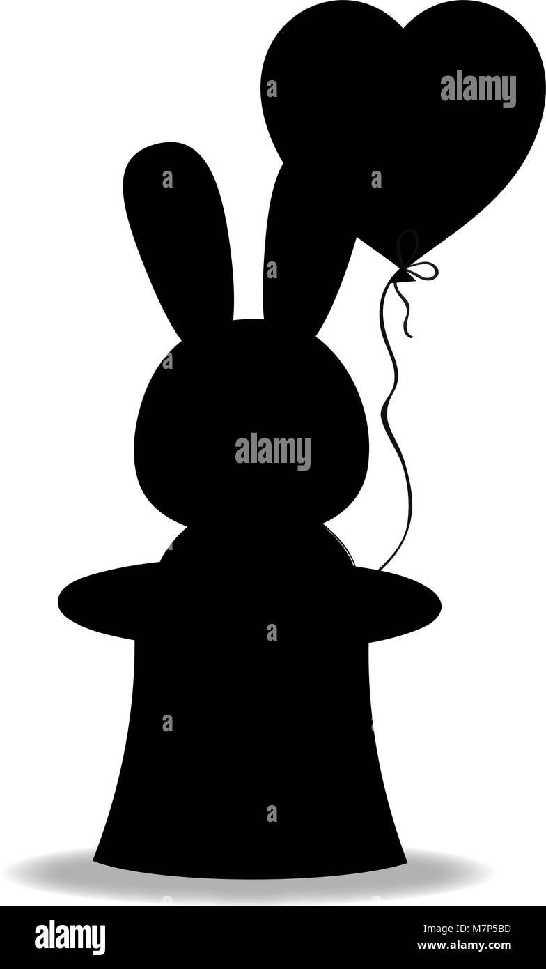 Silhouette nera di coniglio con cuore palloncino a forma di magia nera cappello a cilindro isolato su sfondo bianco. Monocromatico illustrazione vettoriale, sig Illustrazione Vettoriale
