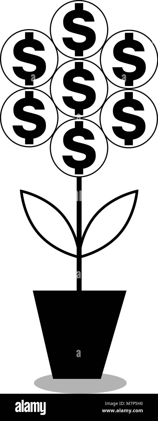 Icona nera del dollaro fiore in pentola. illustrazione vettoriale, silhouette, clip art isolati su sfondo bianco. Illustrazione Vettoriale