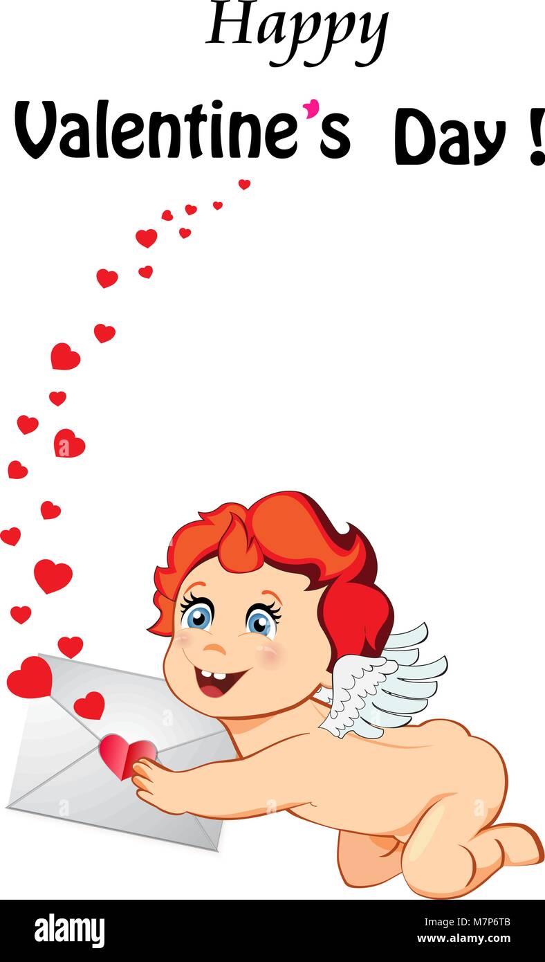 Il giorno di San Valentino biglietto di auguri con Cartoon carino baby Cupido, Angelo, amour carattere con ali bianche azienda lettera d'amore su sfondo bianco con molti r Illustrazione Vettoriale