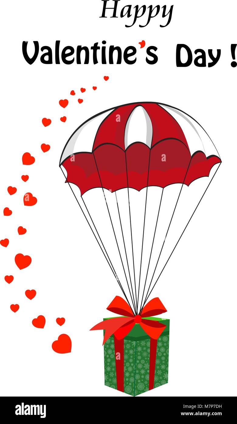 Buon San Valentino cartoon modello con dono avvolto con un nastro rosso che ricade verso il basso con il paracadute e molti graziosi cuori rossi intorno a. Carino saluto c Illustrazione Vettoriale