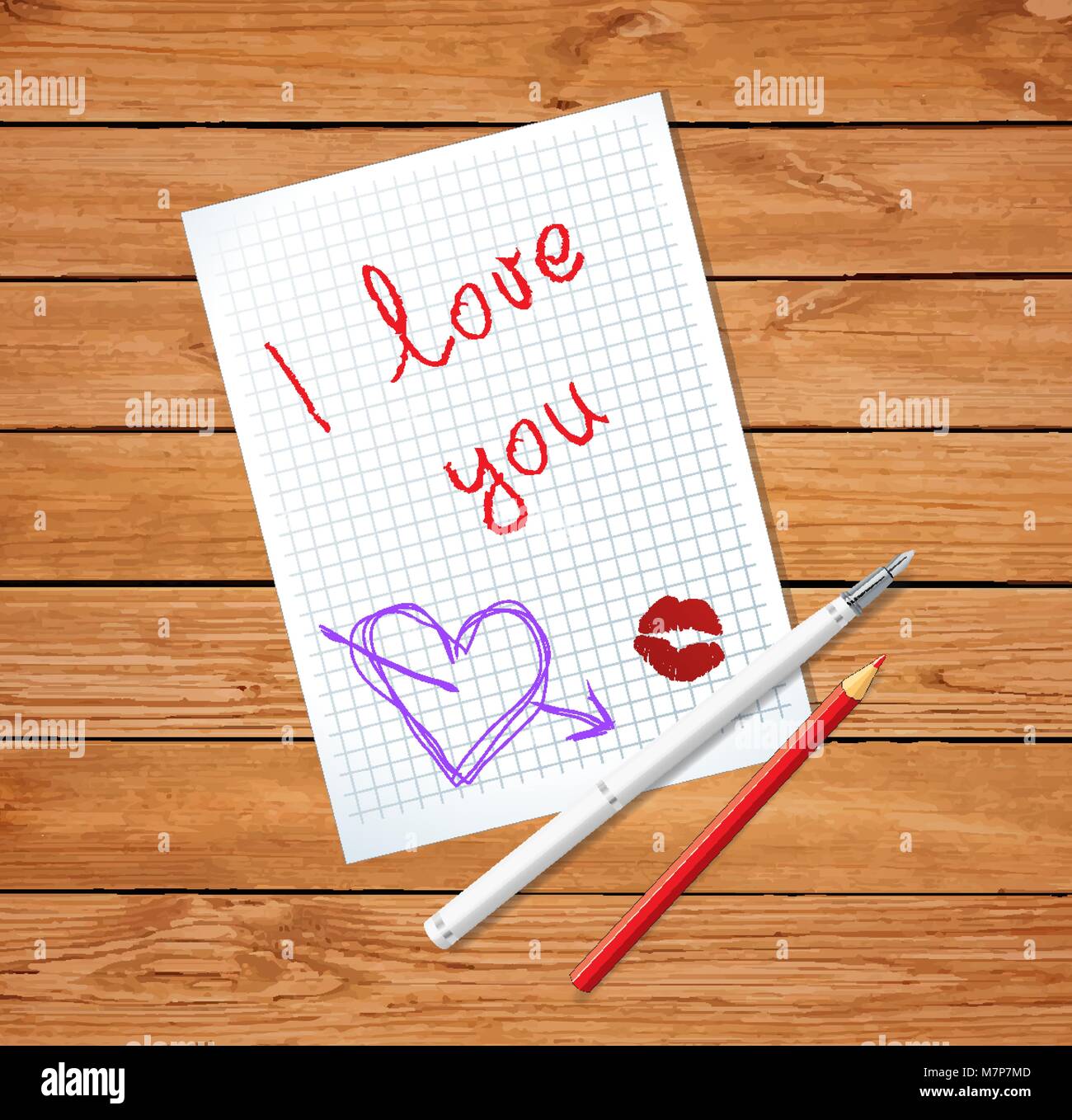 Lettera D Amore Il Giorno Di San Valentino Bella Lettera Con Disegnati A Mano Cuore Rosso Kissmark Fontana Penna E Matita Rossa Su Sfondo Di Legno Vista Superiore Vect Immagine E Vettoriale