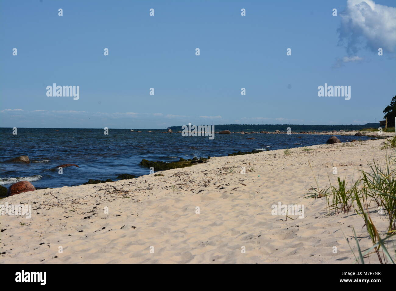 Spiaggia di sabbia, mare blu erba e onde su una soleggiata giornata estiva Foto Stock