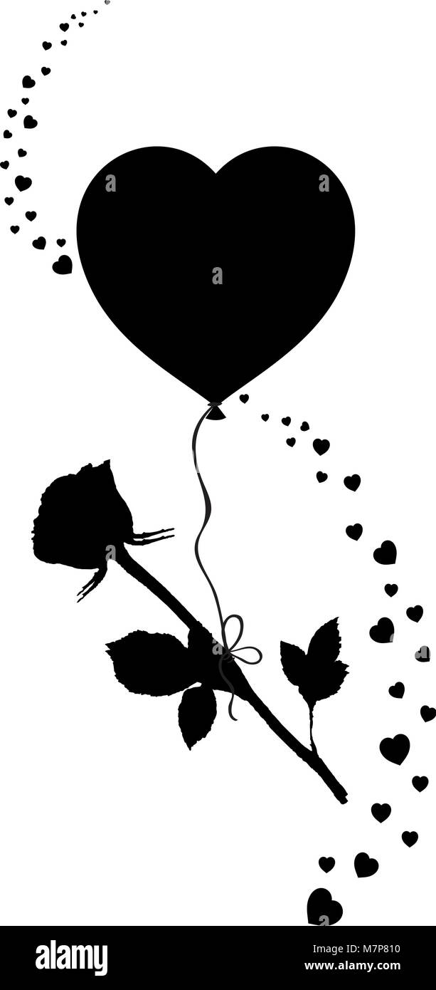 Silhouette nera di rose fiore battenti sul cuore palloncino con onda coriandoli isolati su sfondo bianco. Monocromatico illustrazione vettoriale, simbolo segno, Illustrazione Vettoriale