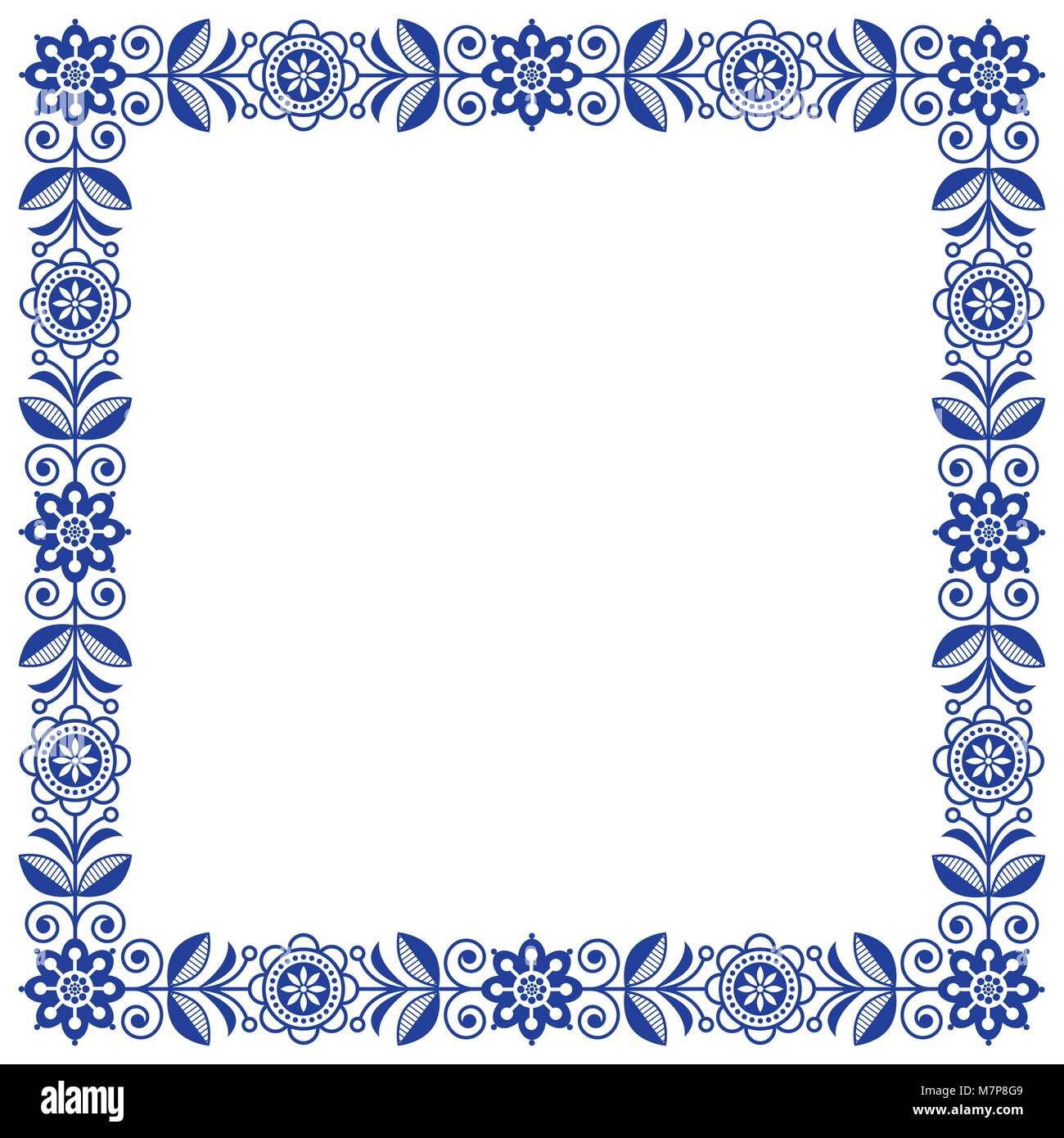 Folk scandinava vettore d'arte frame, grazioso bordo floreale, disegno quadrato con blu navy fiori - invito, biglietto di auguri Illustrazione Vettoriale