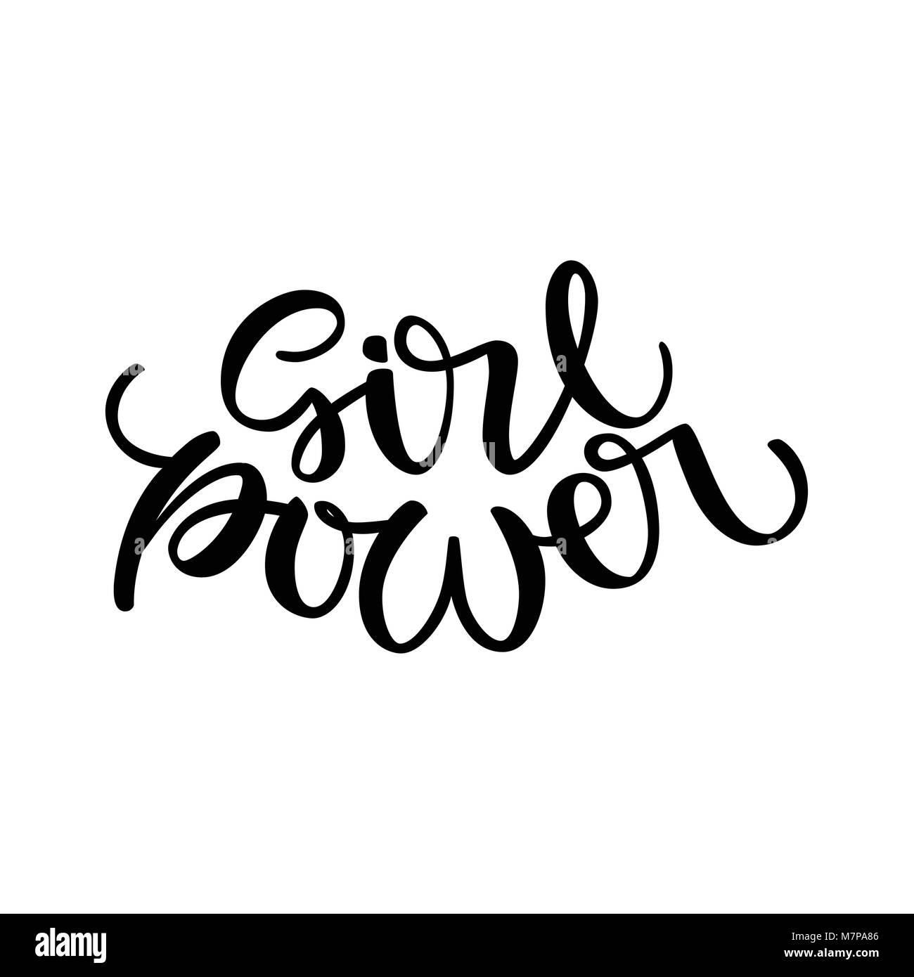 Girl power testo, femminismo slogan. Iscrizione nero per T-shirt, poster e la parete art. Segno femminista scritta a mano con inchiostro e pennello. Moderno isolato handlettering sulla scritta bianca. Illustrazione Vettoriale