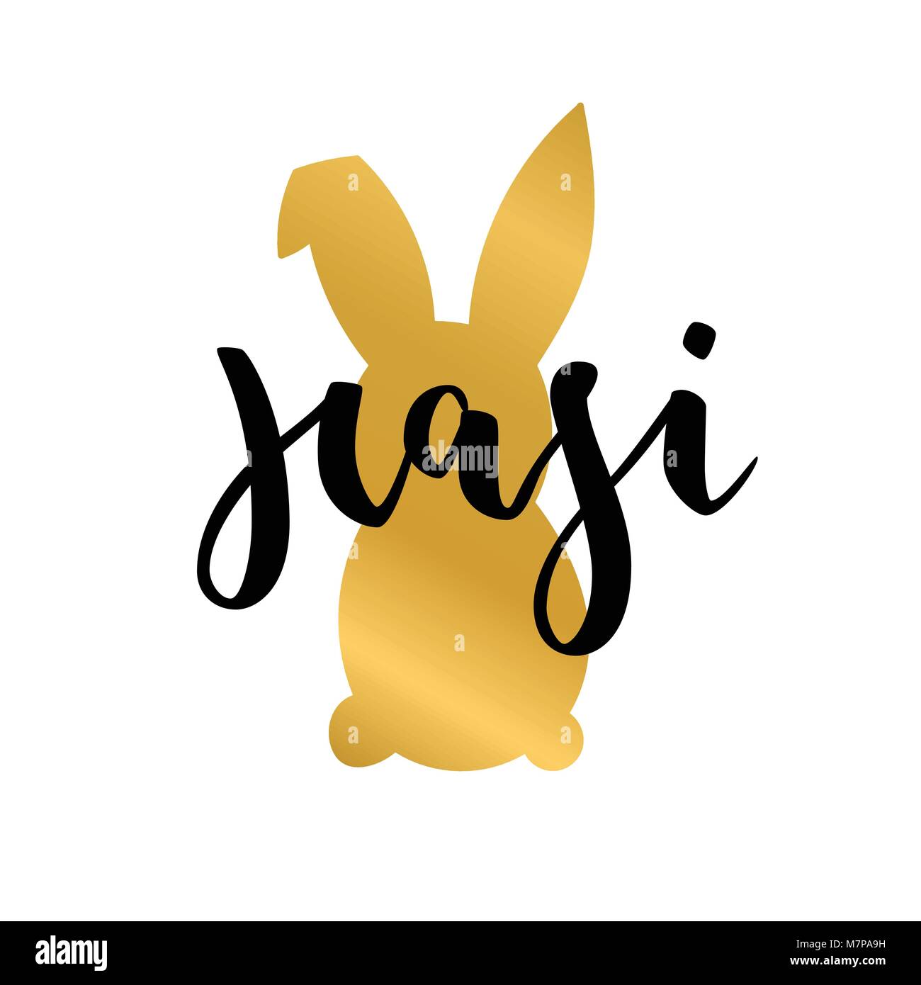 Hasi, il Coniglio di Pasqua testo tedesco scritte calligraphy. Frohe Ostern. Carattere vettoriale con conigli d'oro su sfondo bianco. Ottimo per biglietto di auguri, poster, etichetta. Spazzola di inchiostro handlettering moderno. Illustrazione Vettoriale
