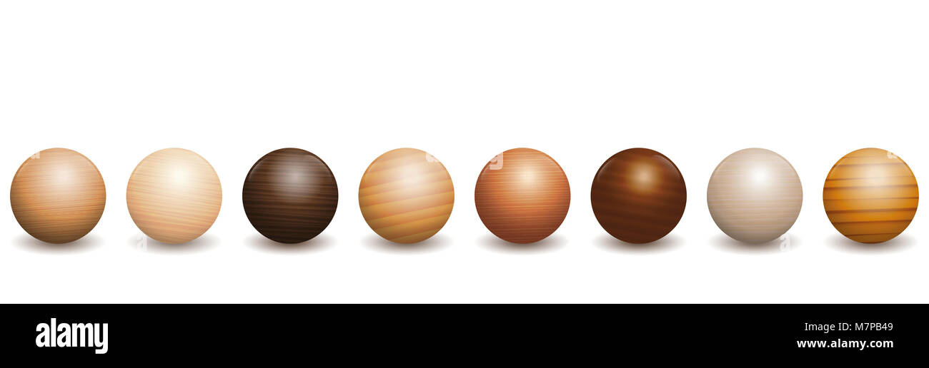 Le sfere di legno. Diverse specie di tipi di legno - Varietà di otto lucidato, VERNICIATO TESTURIZZATO campioni - marrone, scuro, grigio, rosso o il modello di colore giallo Foto Stock
