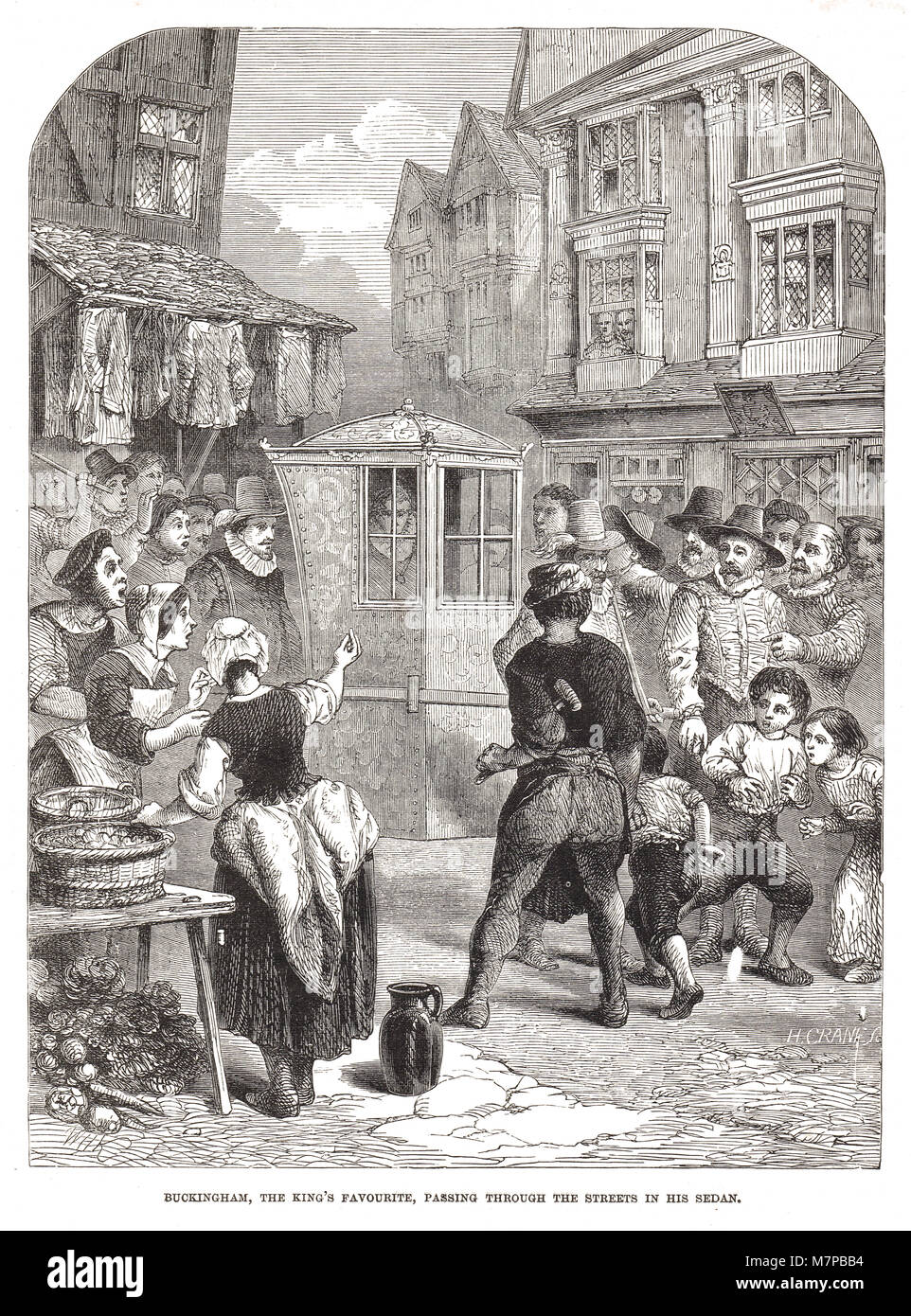 George Villiers, primo duca di Buckingham, equitazione nel suo Sedan, attraverso strade di Londra, Inghilterra, xvii secolo Foto Stock