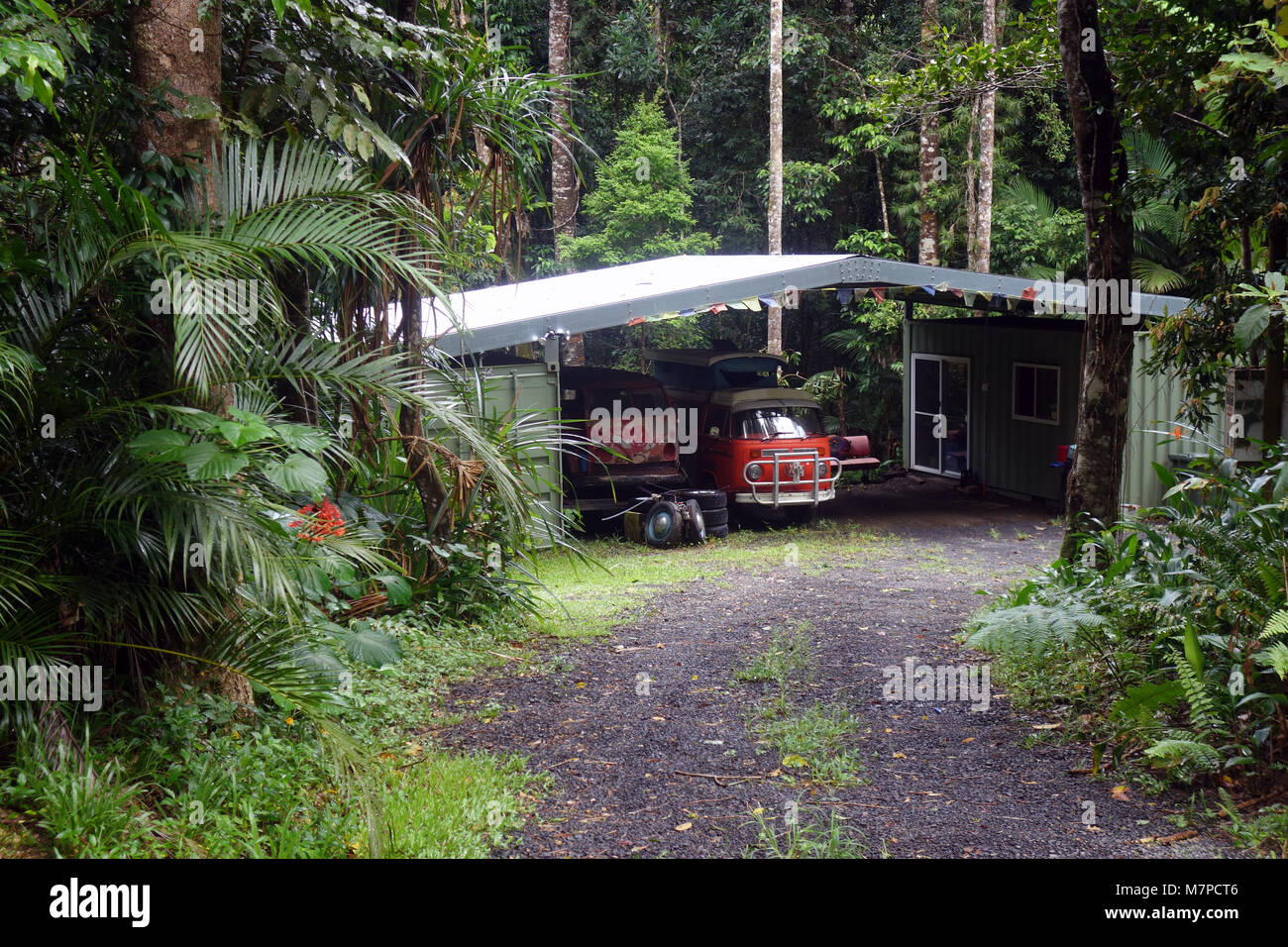 Baracca con VW Combi furgoni in la foresta pluviale di Kuranda, vicino a Cairns, Queensland, Australia. n. PR Foto Stock