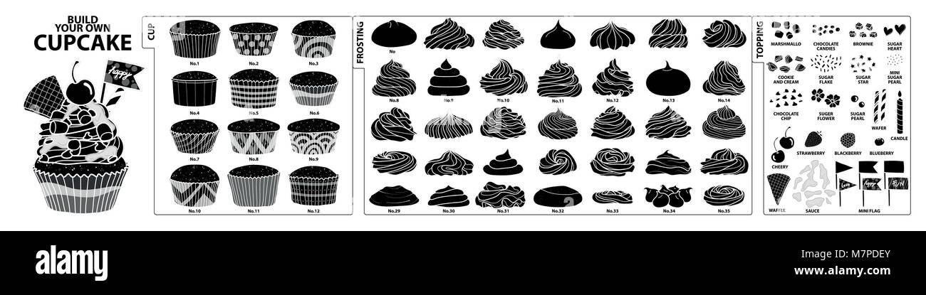 Set di silhouette isolato tazze, la glassa e condimenti per costruire la vostra propria tortina. Carino disegnato a mano in stile piano nero e profilo bianco su bianco bac Illustrazione Vettoriale