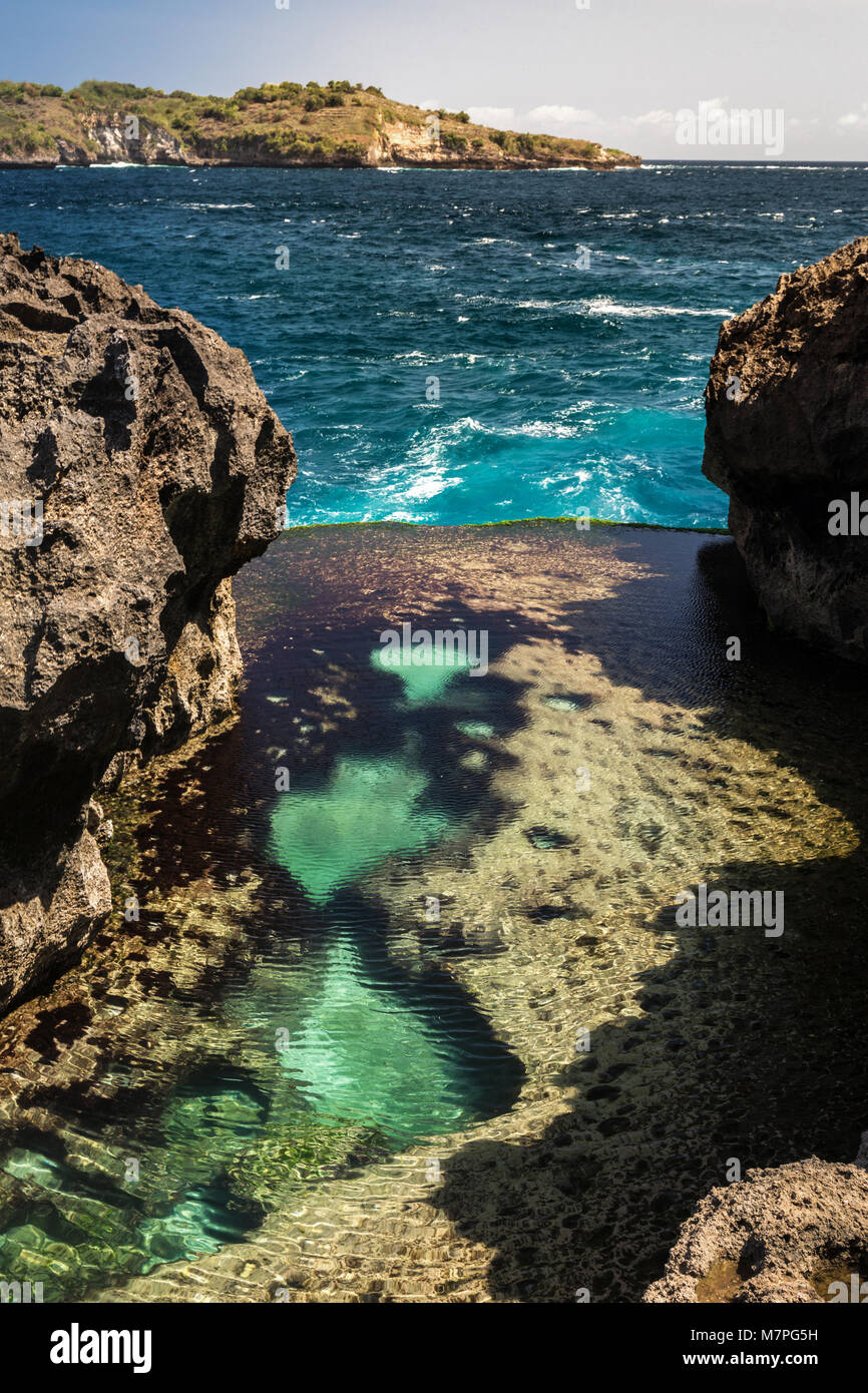 Nuotare nella piscina naturale stupefacente piscina infinity di Nusa Penida chiamato Angelo Billabong Foto Stock