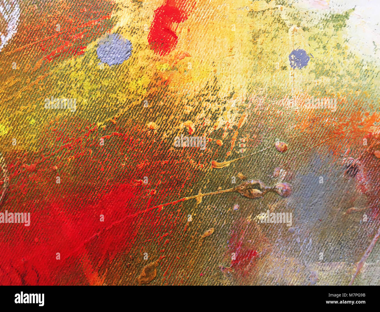 Tela artistica vivace sfondo multicolore con pennellate di vernice e blot Foto Stock