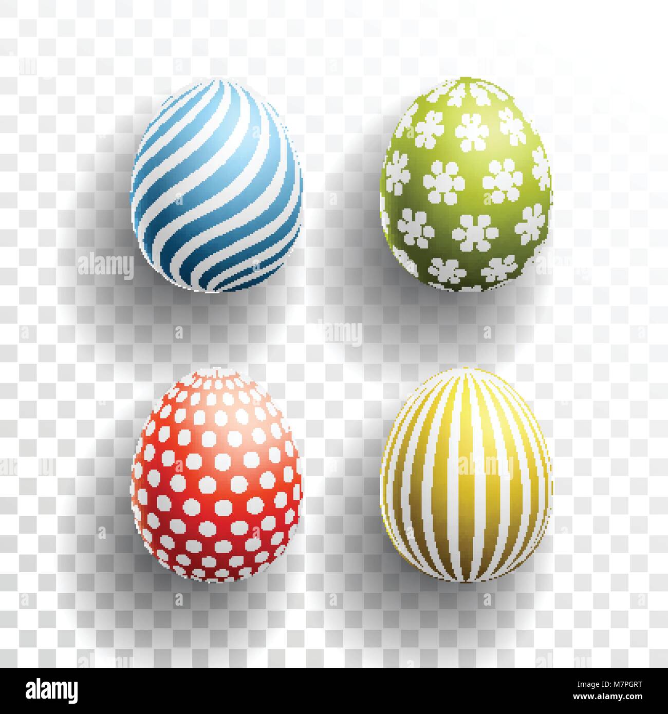 Felice Pasqua uova colorate set con ombre su sfondo trasparente. Illustrazione Vettoriale per la celebrazione della primavera con uovo di pasqua elemento di suoneria. Illustrazione Vettoriale