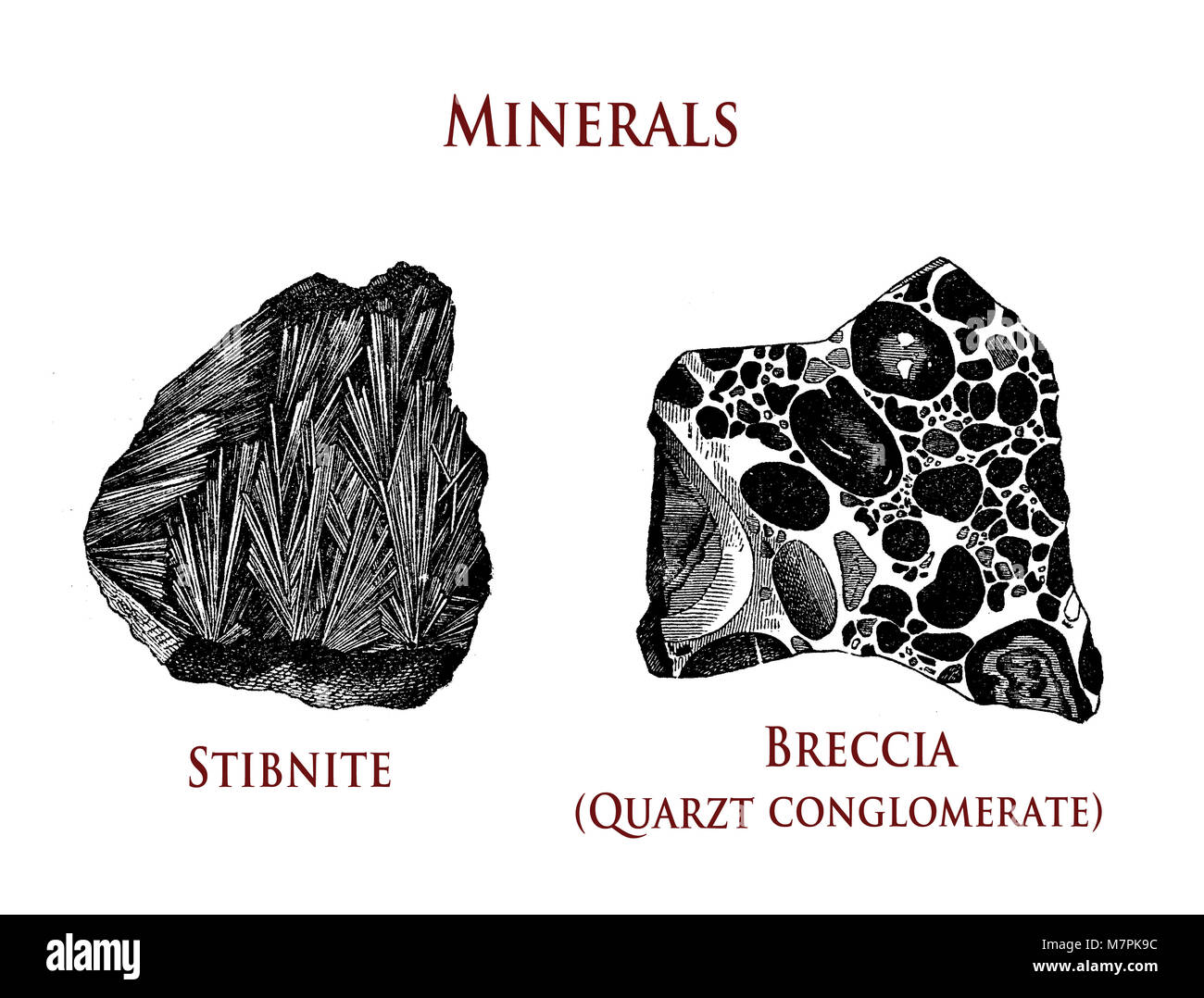 Illustrazione vintage di minerali: stibnite e breccia Foto Stock