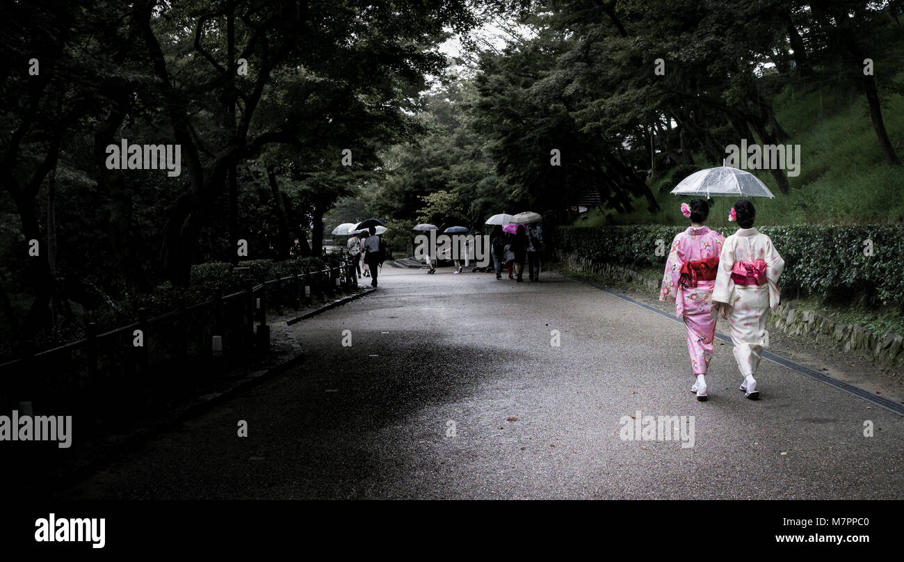 Onorevoli colleghe che indossa uno yukata a Kiyomizu-dera, Kyoto, Giappone Foto Stock
