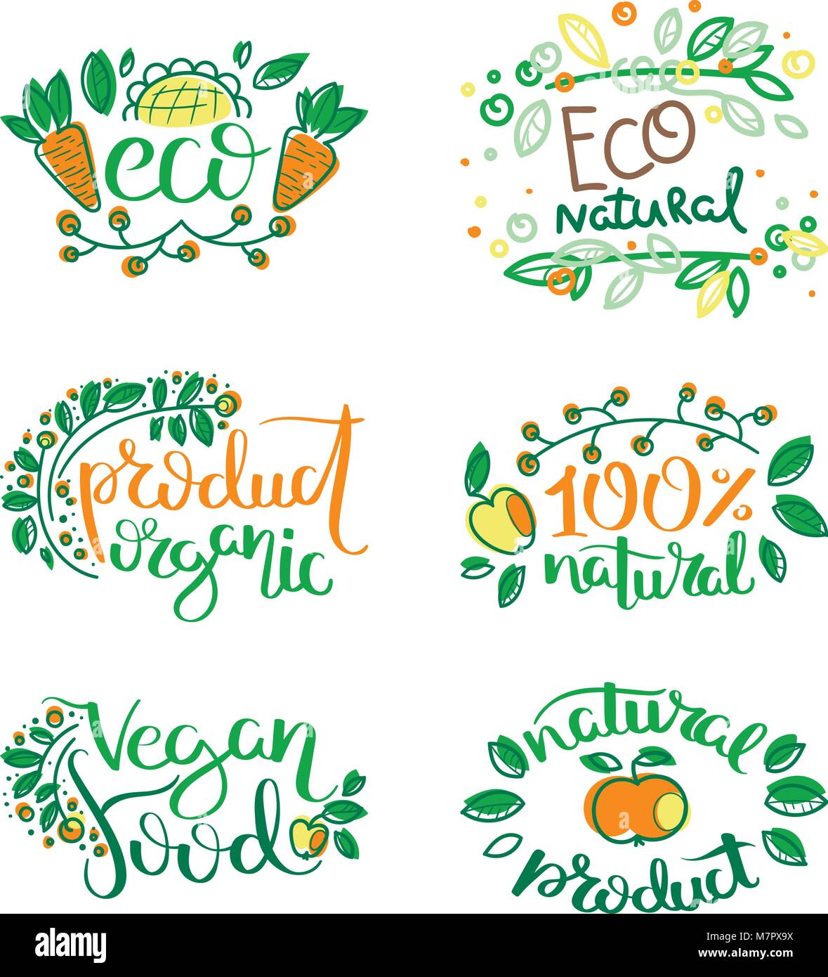 Vettore Eco etichette biologiche, bio emblemi per adesivi e menu di ristoranti e di prodotti naturali di imballaggio. Senza glutine, vegan, coltivati localmente eco friendly s Illustrazione Vettoriale