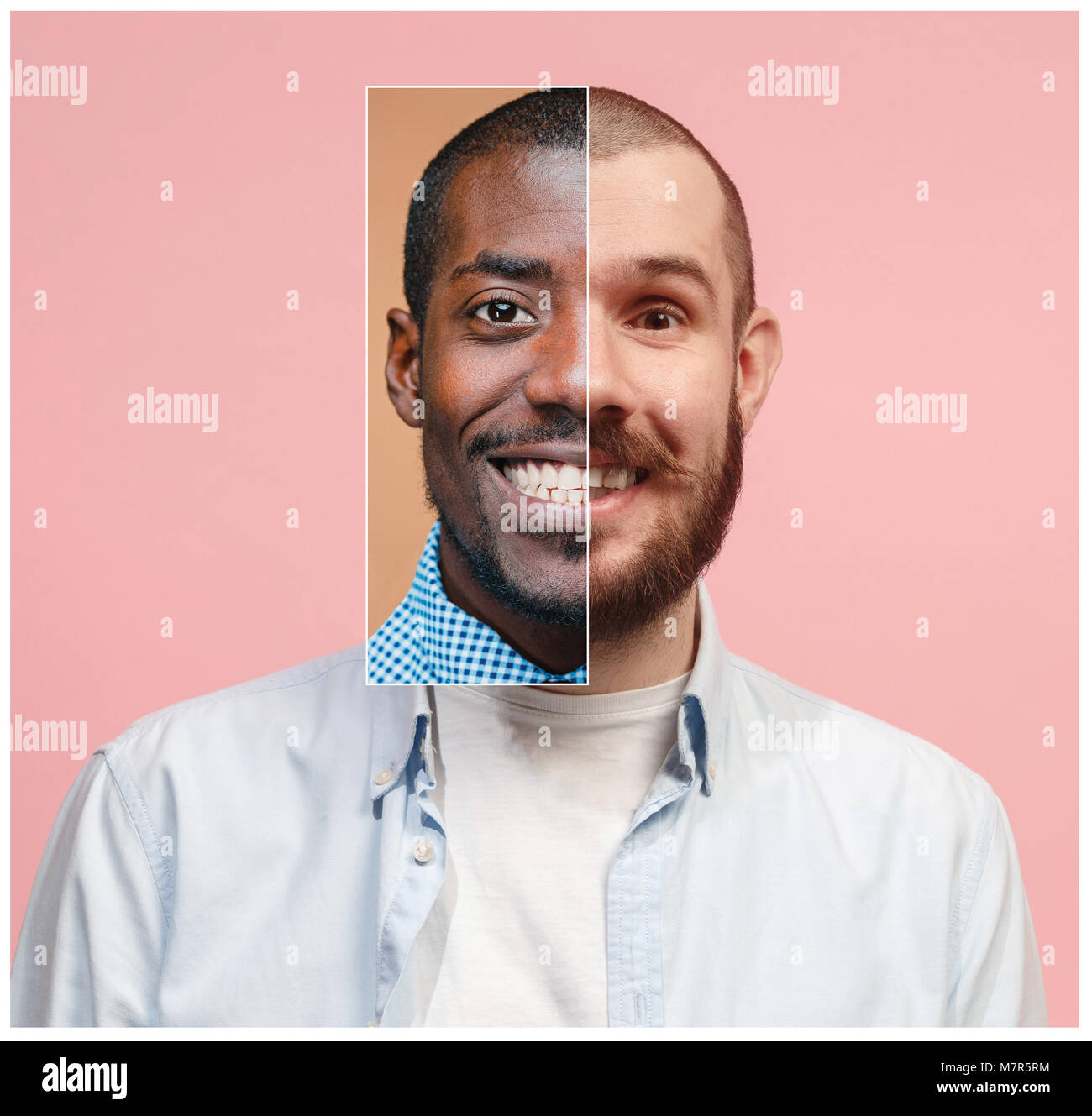 Collage da due immagini di sorridere e africani uomini caucasici Foto Stock