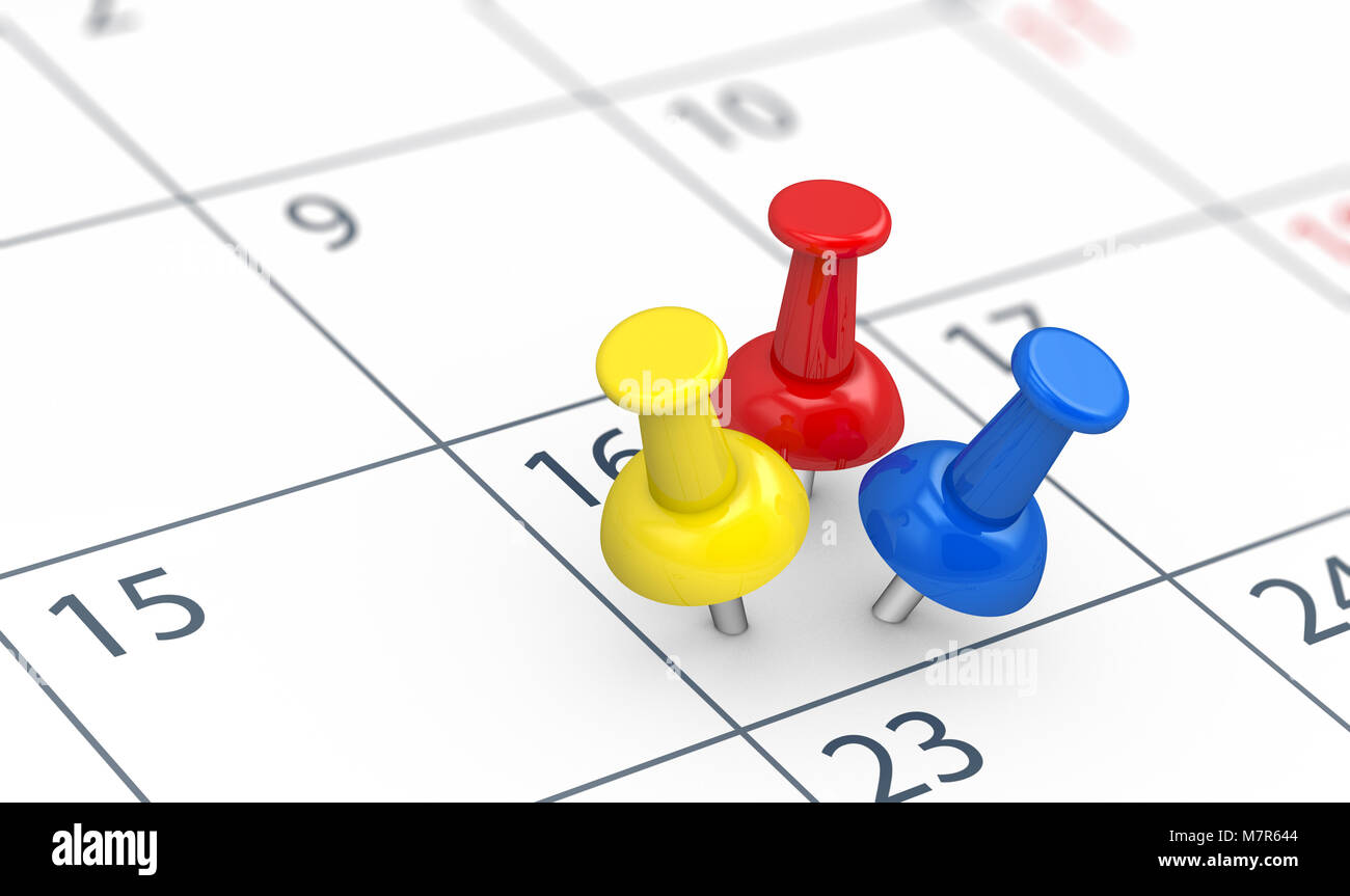 I promemoria di eventi di una giornata impegnativa concetto con 3 colorati spingere i pin su un calendario pagina 3D'illustrazione. Foto Stock