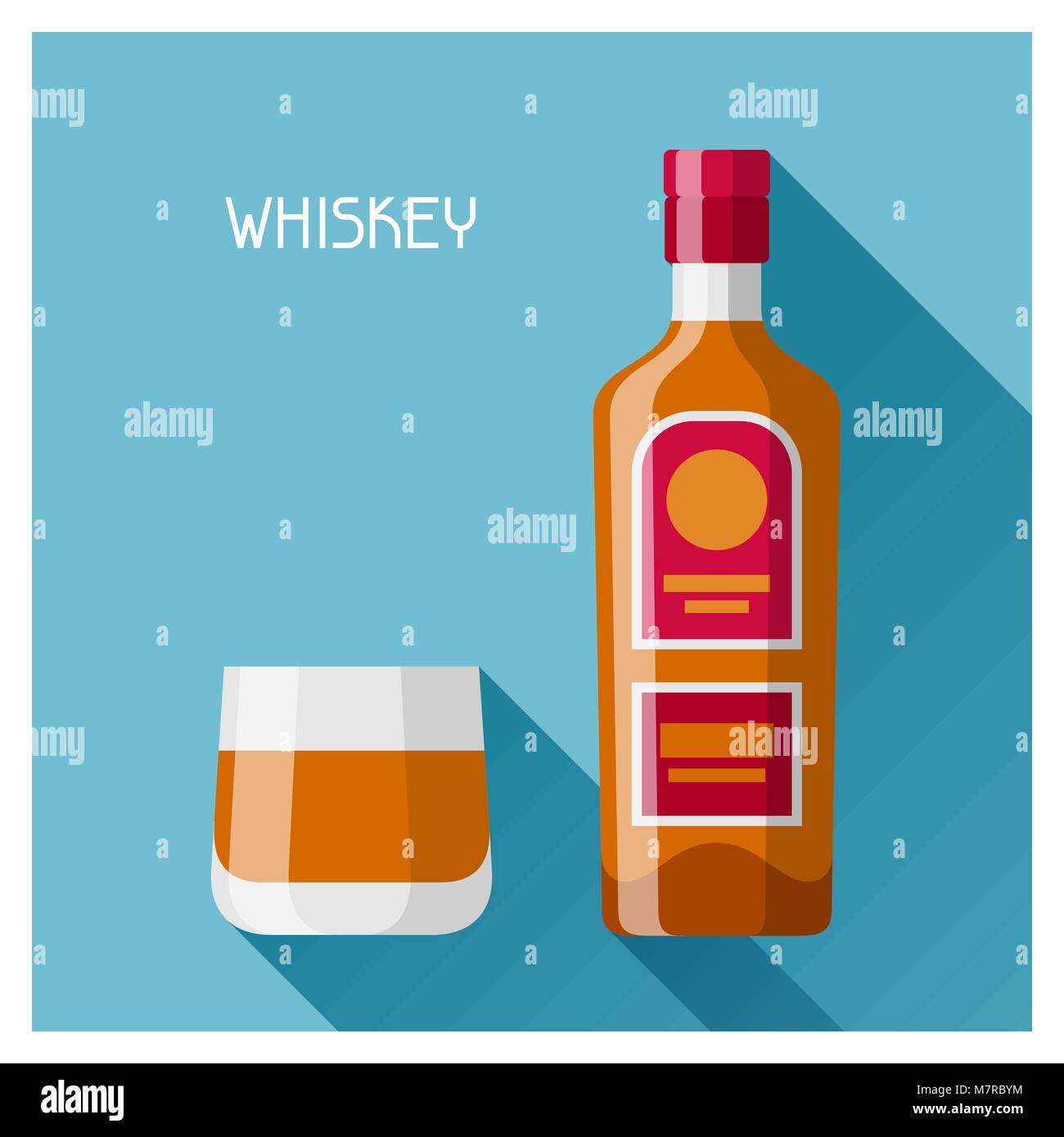 Bottiglia e bicchiere di whiskey in flat uno stile di design Illustrazione Vettoriale